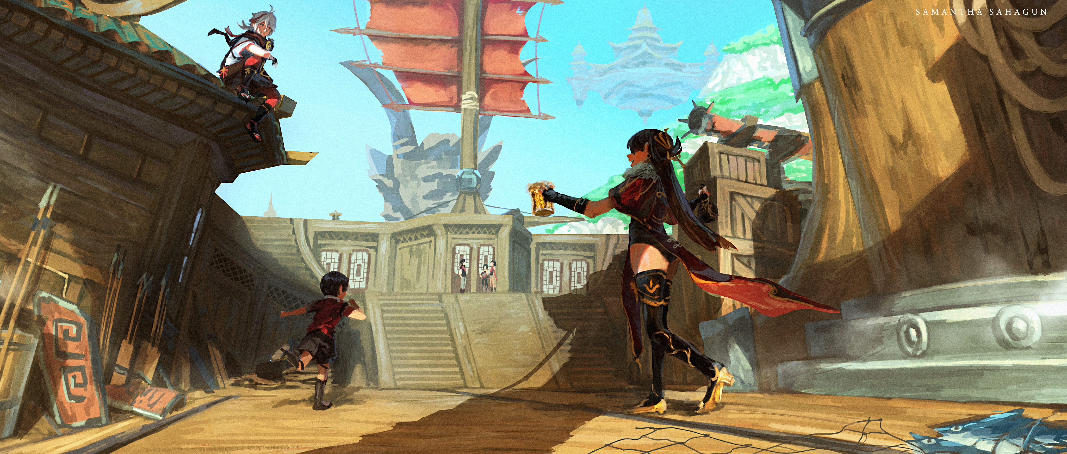 Beidou and Kazuha from Genshin Impact on a dock HD Wallpaper