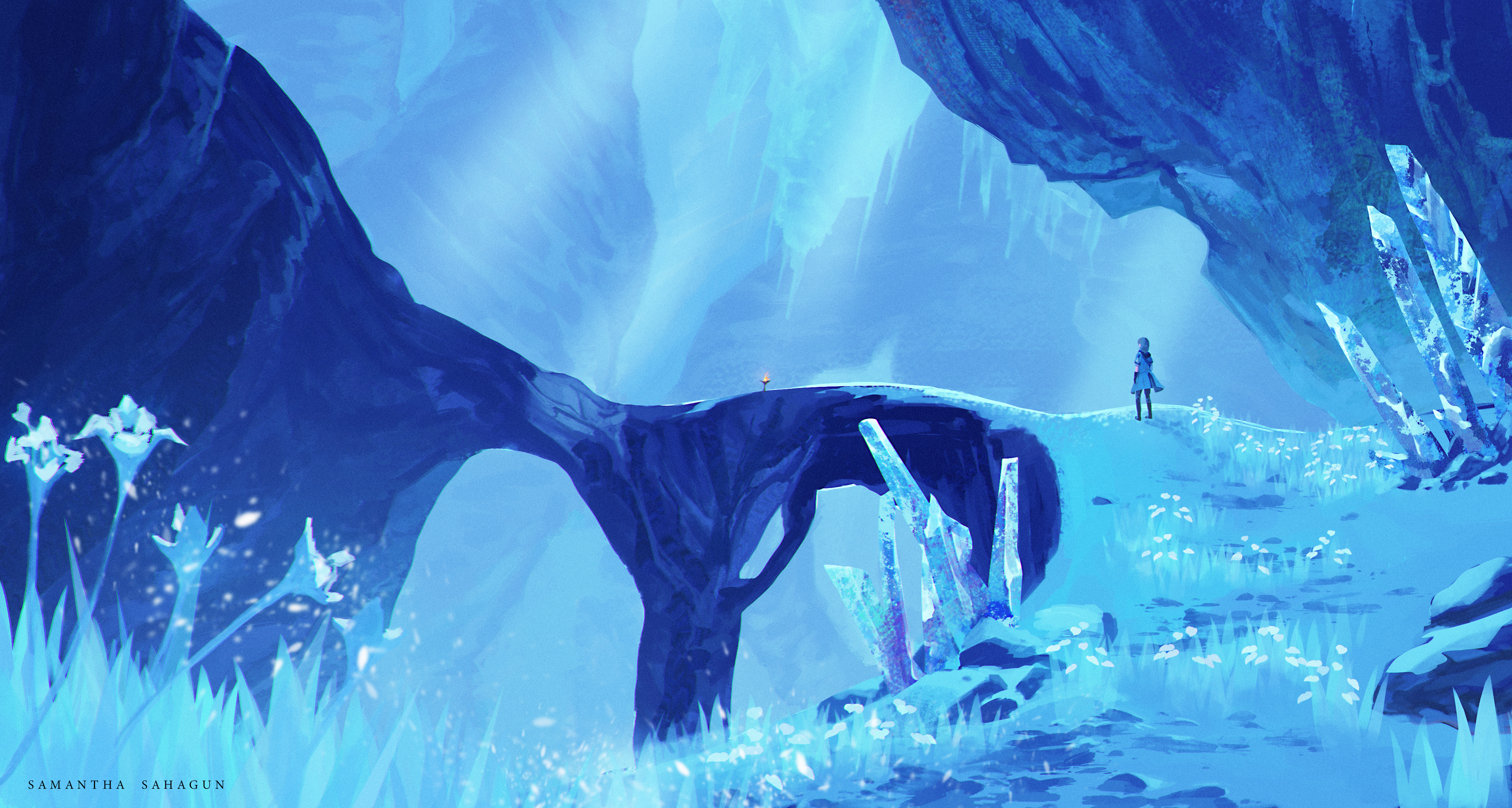 Albedo from Genshin Impact in a crystal cave HD Wallpaper