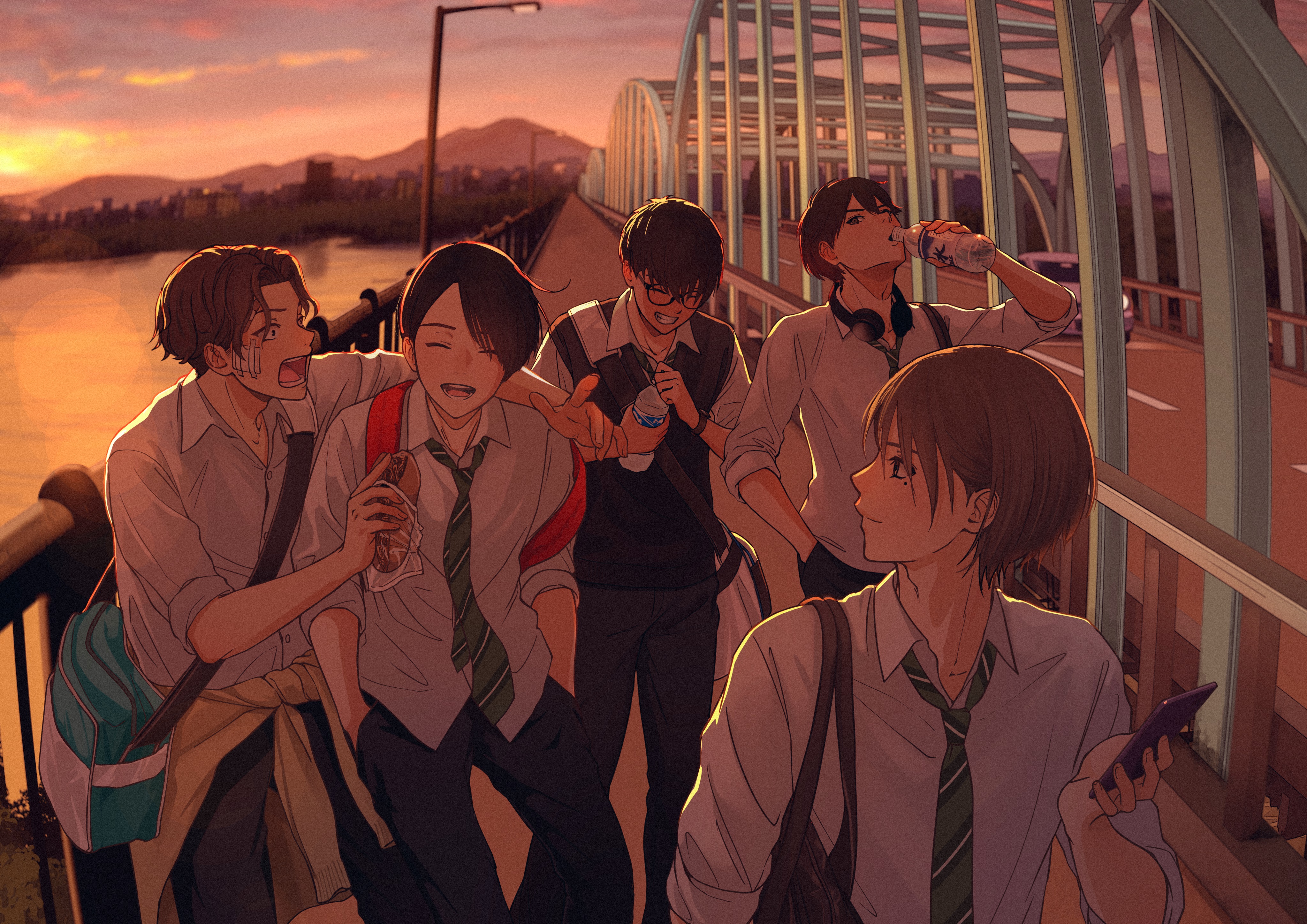 Five friends on a bridge at sunset 4K HD Wallpaper