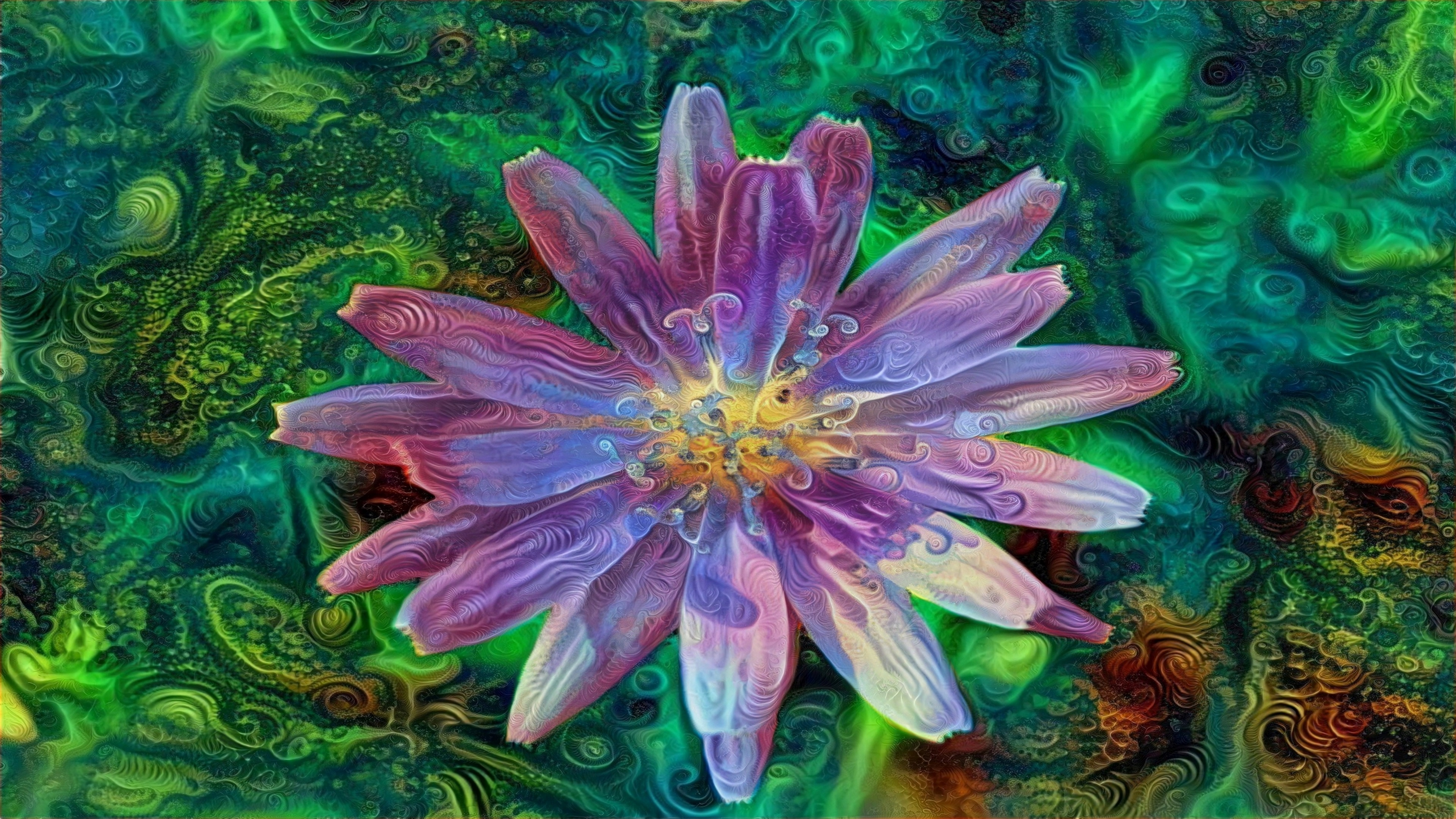 Psychedelic Flower with Green Swirling Background HD Wallpaper
