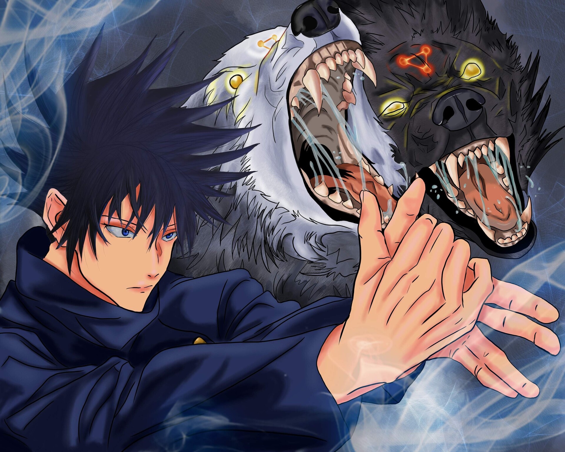 Megumi Fushiguro summoning Divine Dogs from Jujutsu Kaisen HD Wallpaper