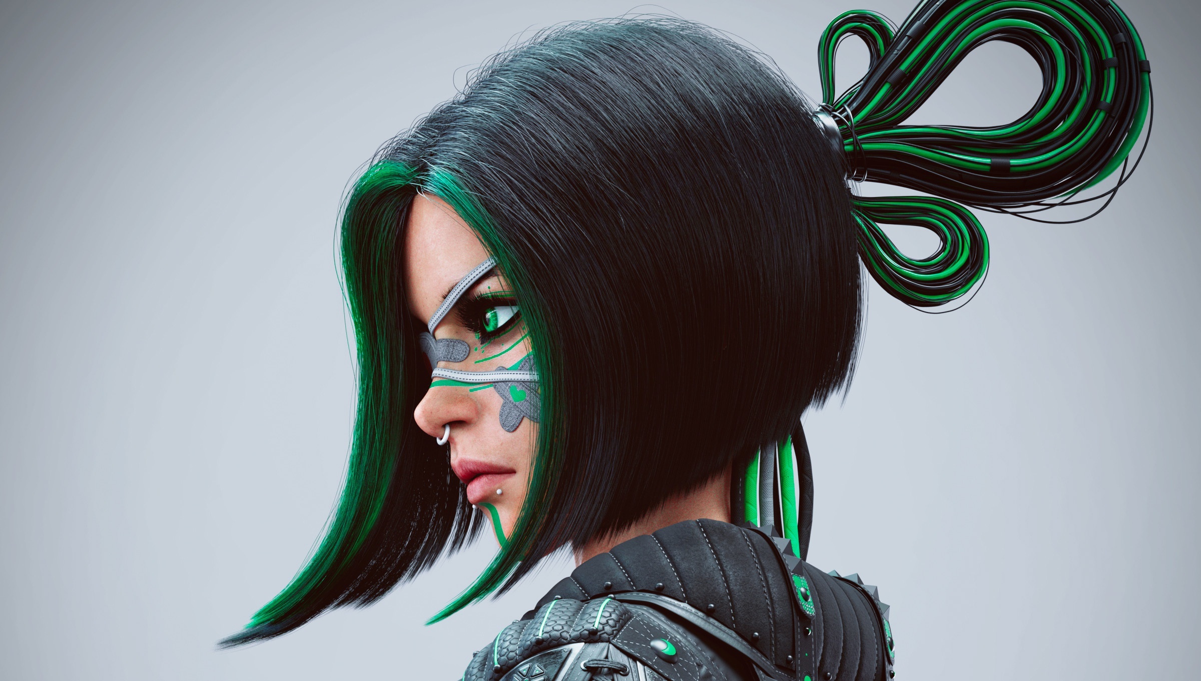 Sci Fi Woman with Green Accents and Short Hair HD Wallpaper
