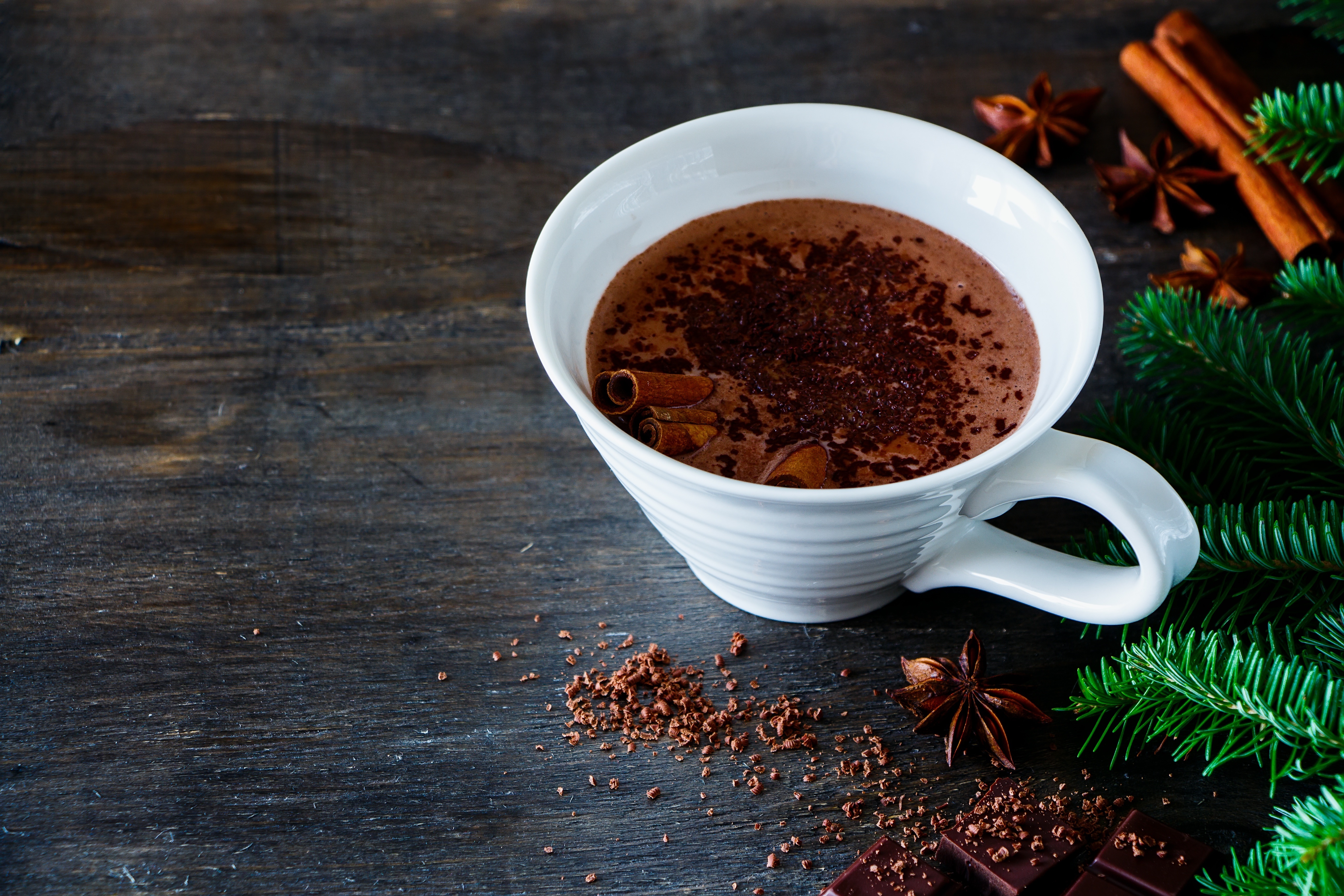 Hot Chocolate in a White Cup with Cinnamon and Star Anise HD Wallpaper