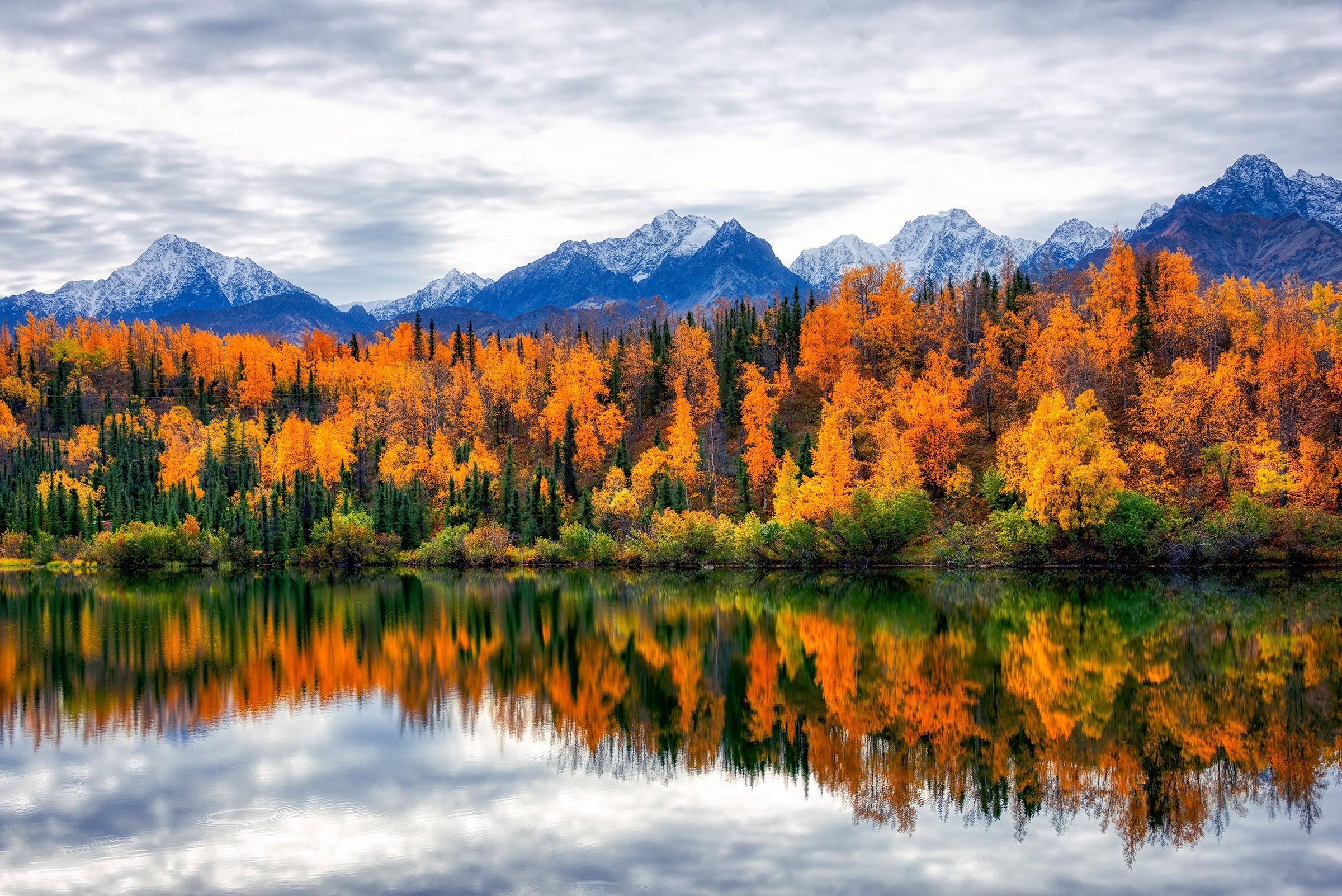 Autumn forest reflected in a lake with mountains HD Wallpaper