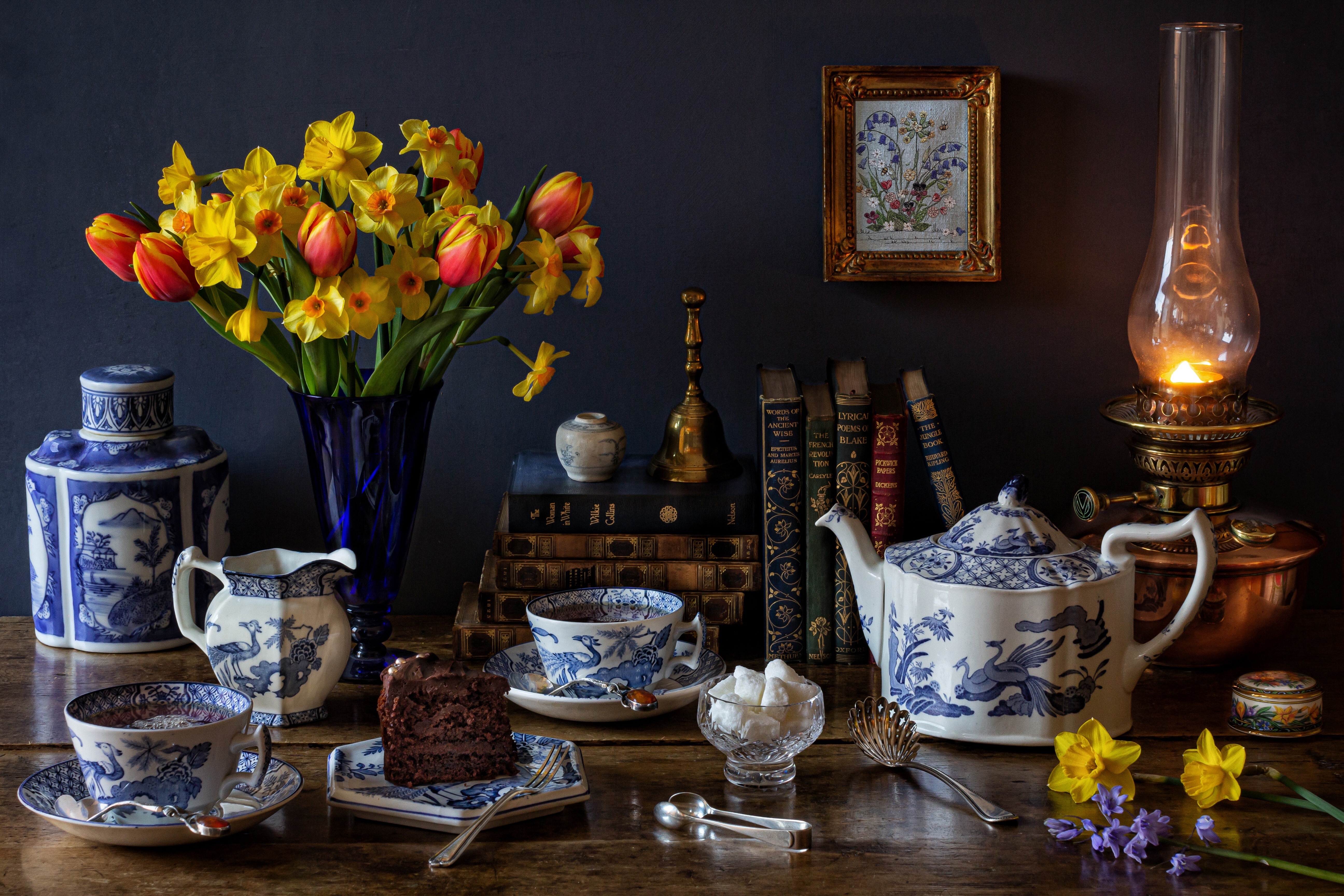 Still life with tea set and flowers 4K HD Wallpaper
