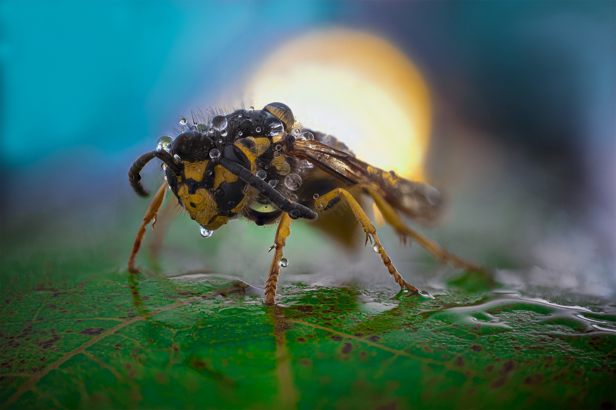 Wasp covered in water droplets on a leaf HD Wallpaper