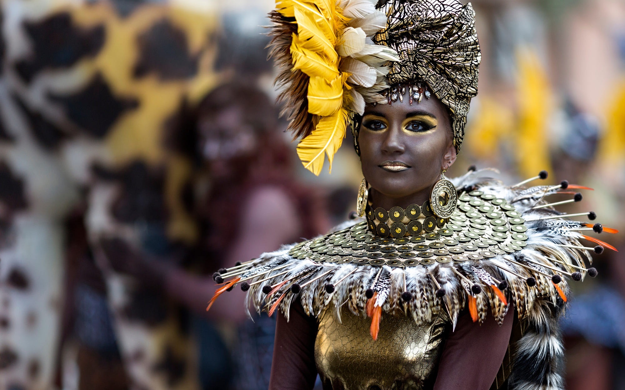 Woman in elaborate carnival costume with feathers and gold HD Wallpaper