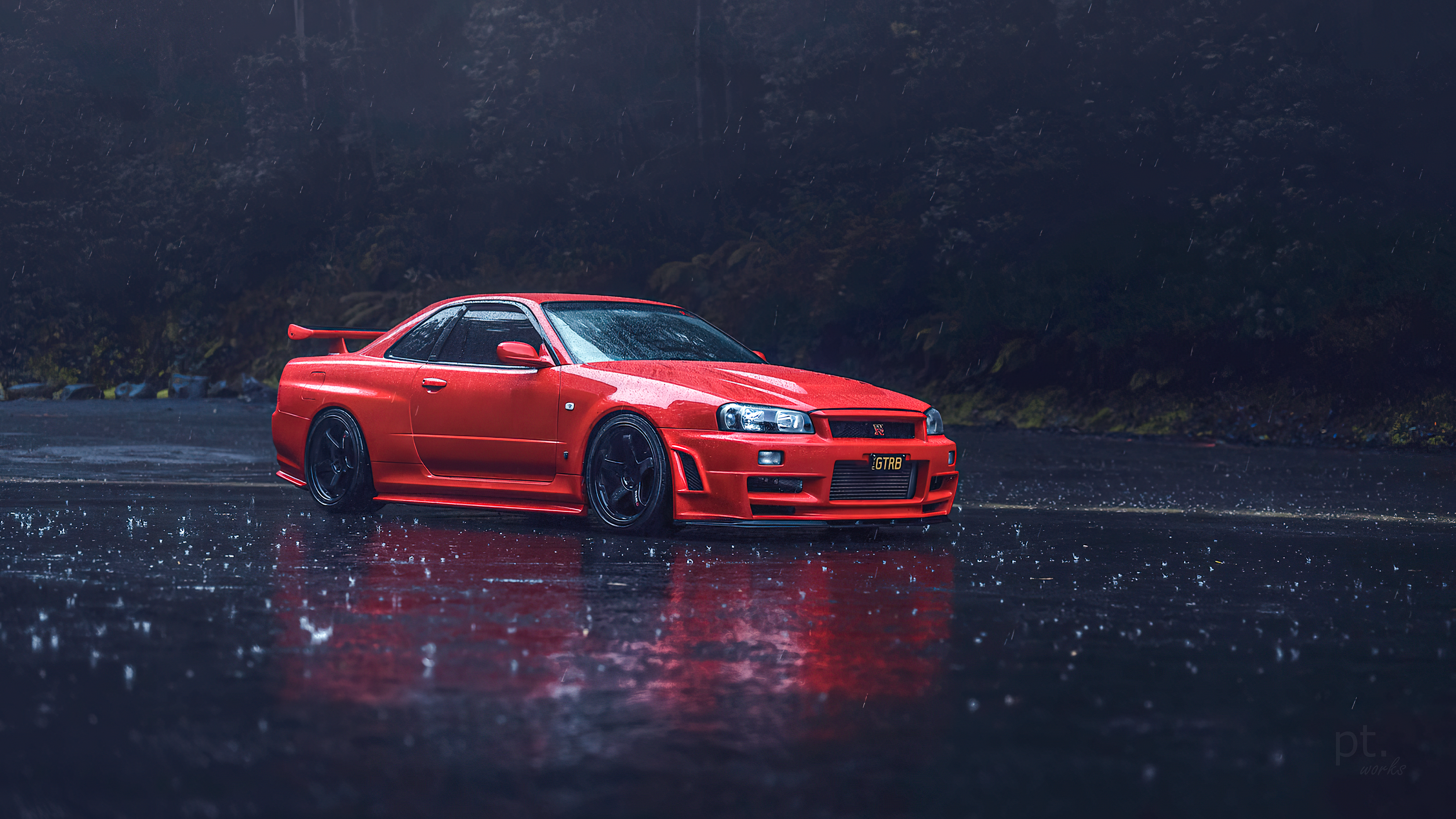 Red Nissan Skyline R34 GT-R in the rain HD Wallpaper