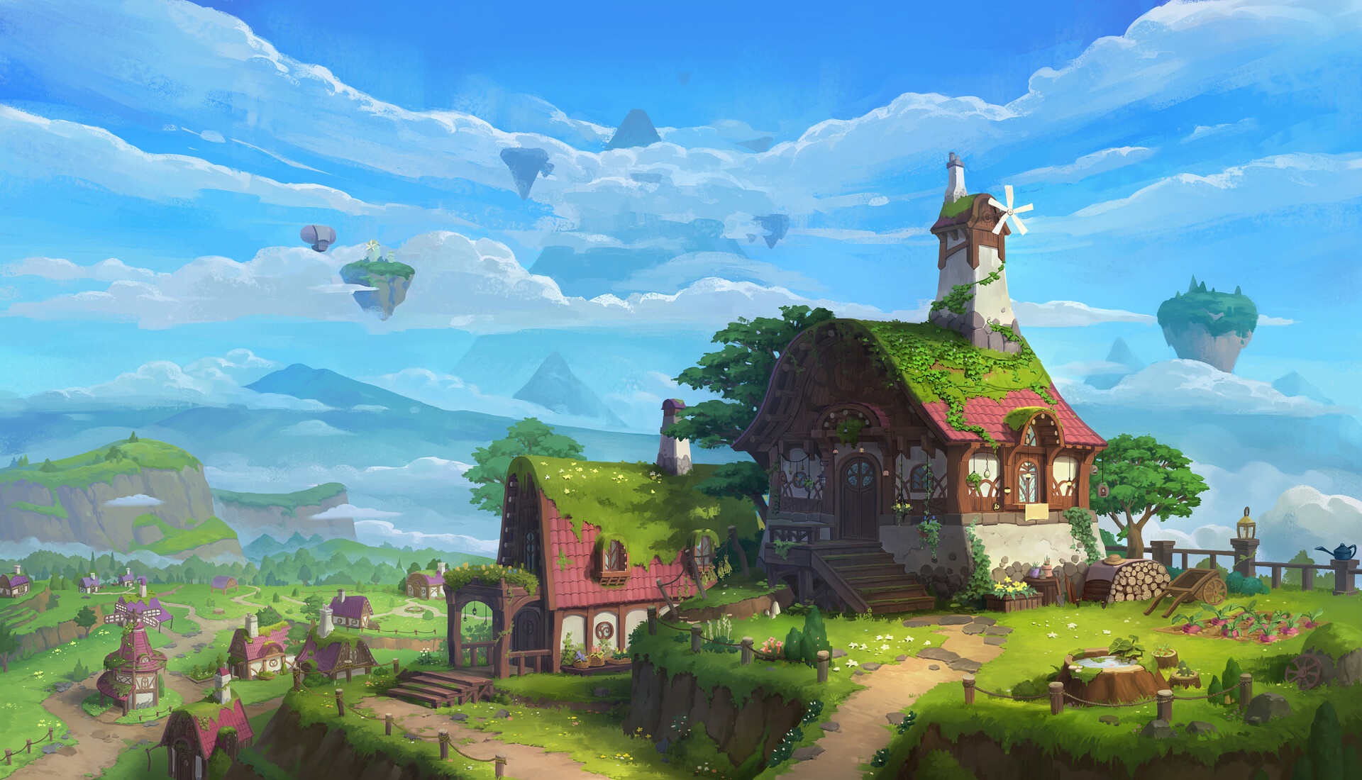 Small Town with Floating Islands HD Wallpaper