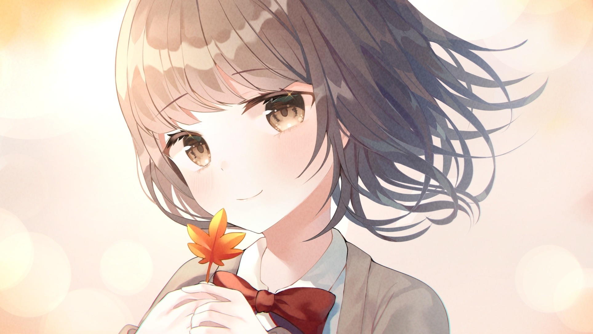 Anime girl holding a maple leaf HD Wallpaper
