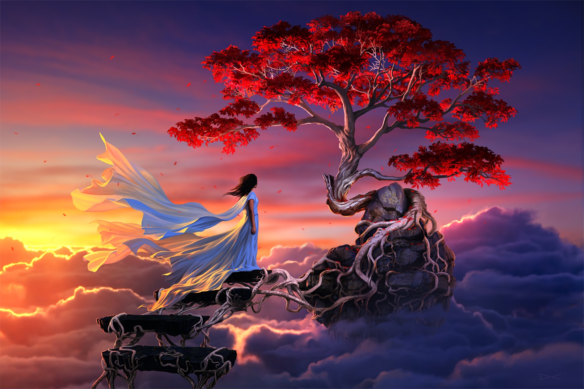 Girl in blue dress by a red tree at sunset HD Wallpaper