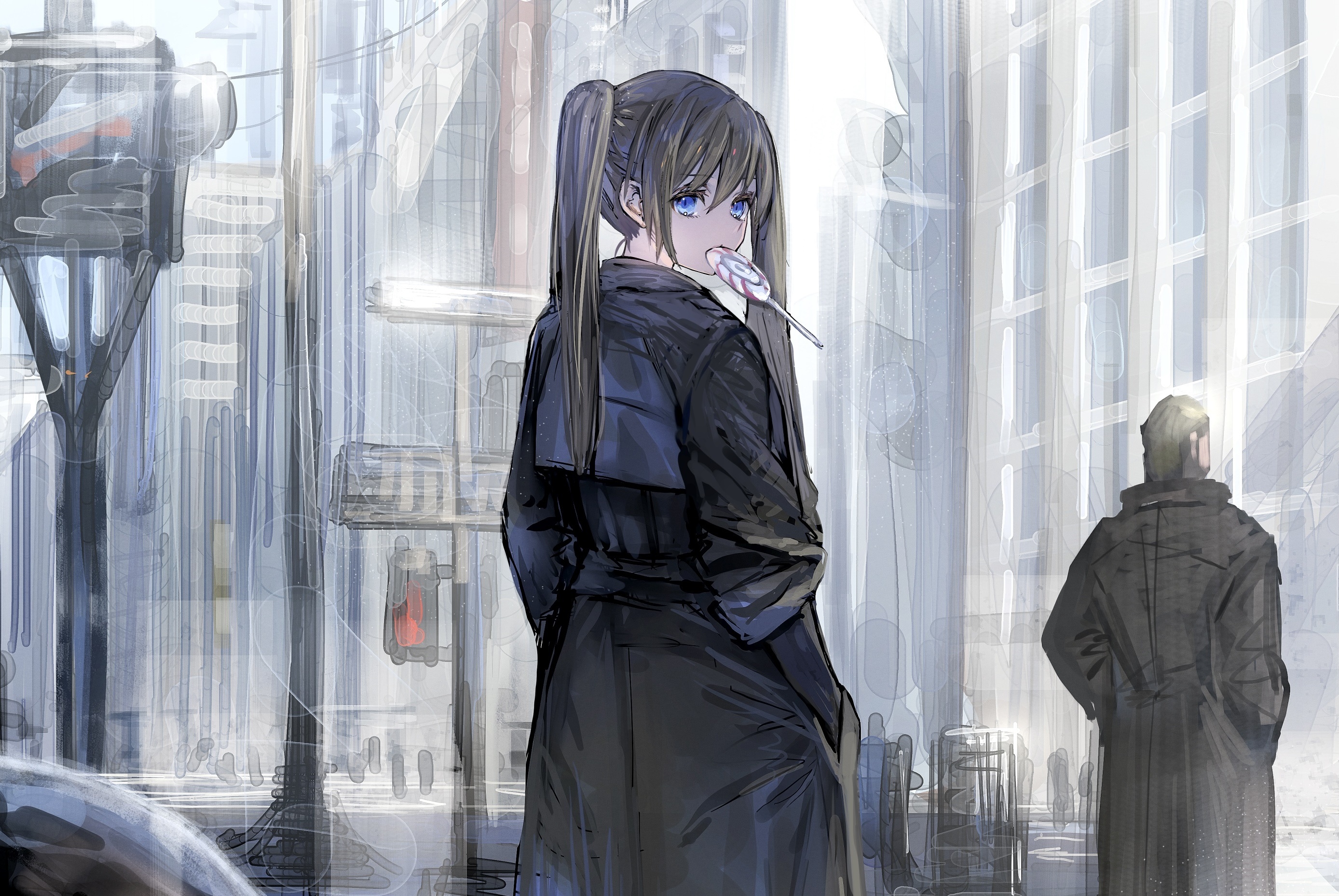 Girl with pigtails eating a lollipop in a city HD Wallpaper