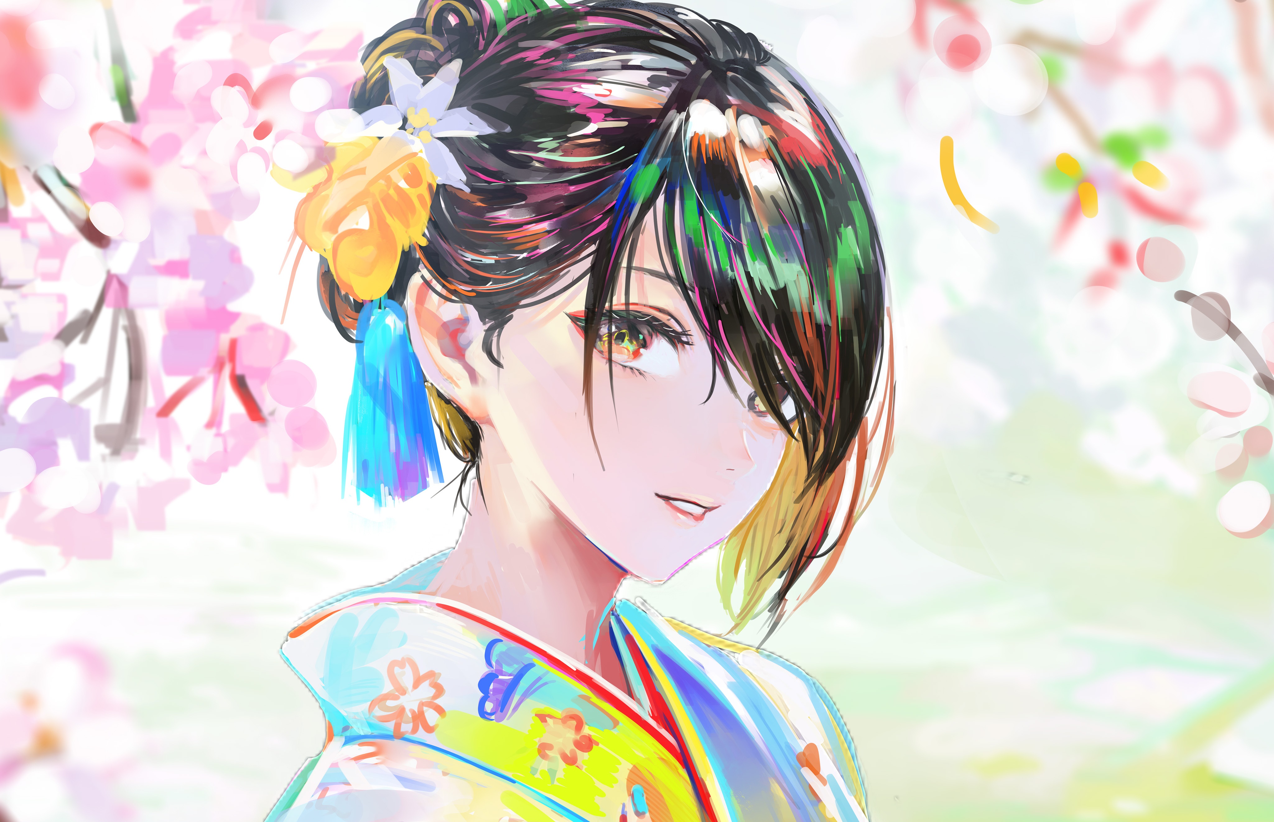 Girl in Kimono with Cherry Blossoms 4K HD Wallpaper