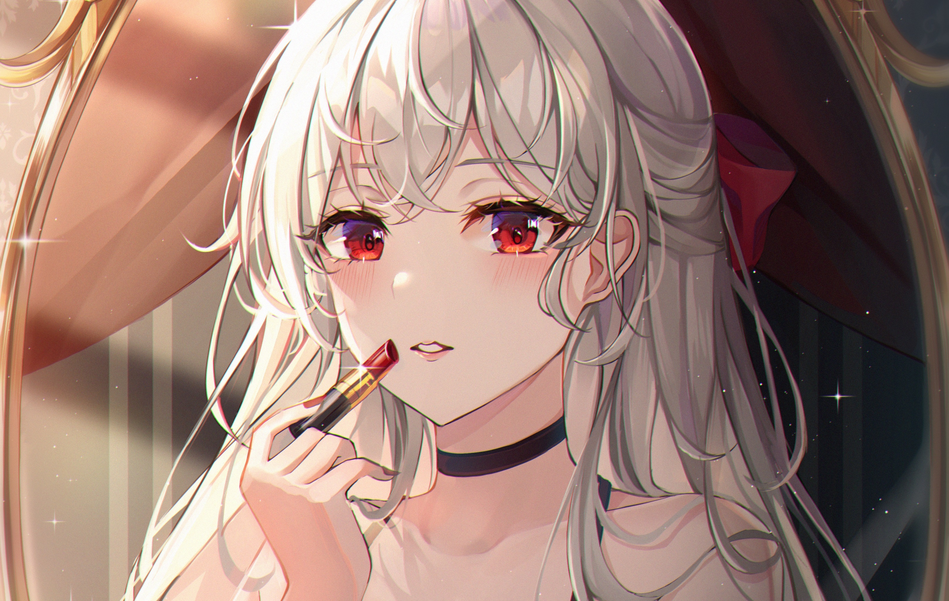 Anime girl applying lipstick in mirror HD Wallpaper