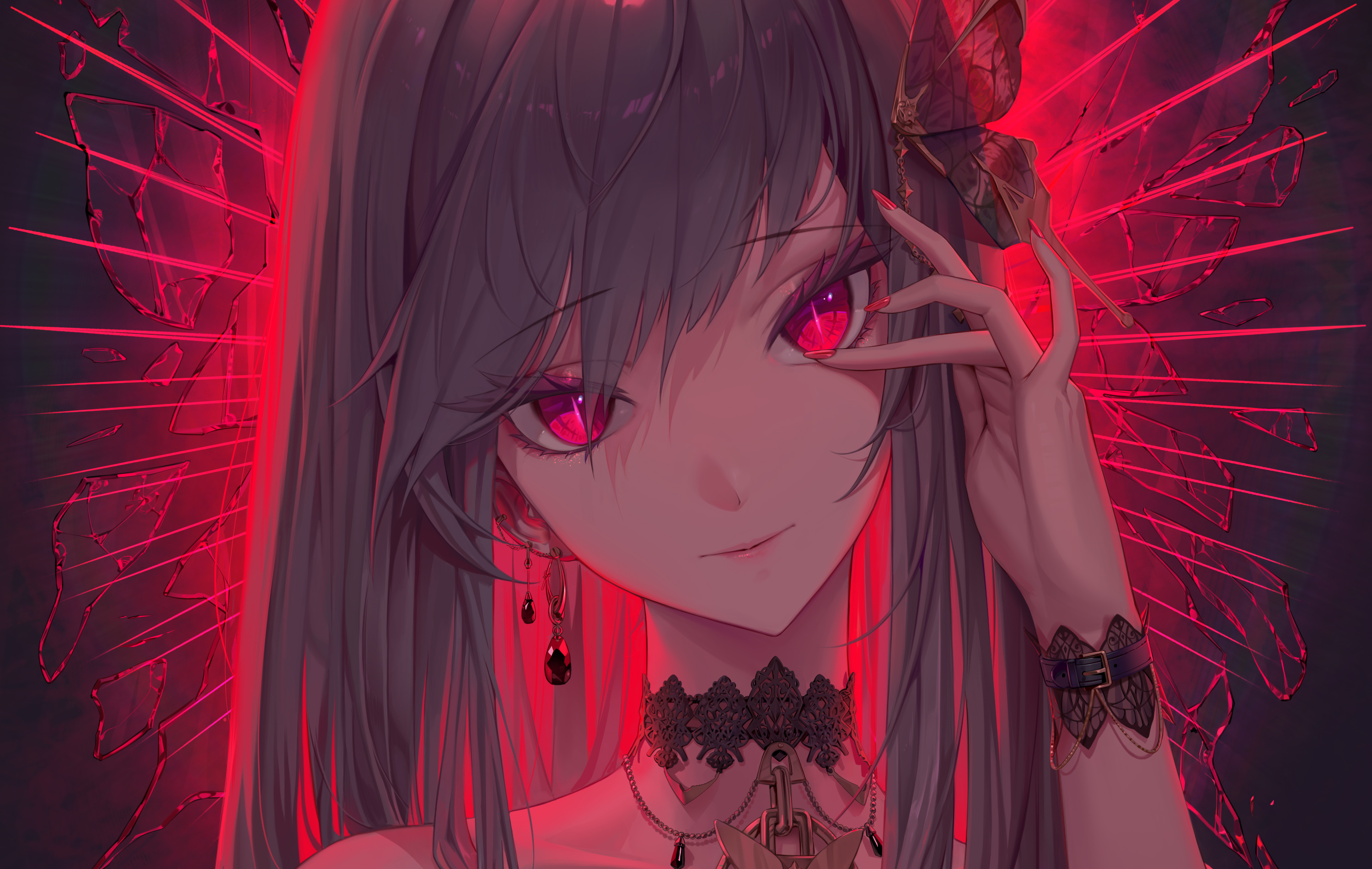 Anime girl with red eyes and butterfly HD Wallpaper