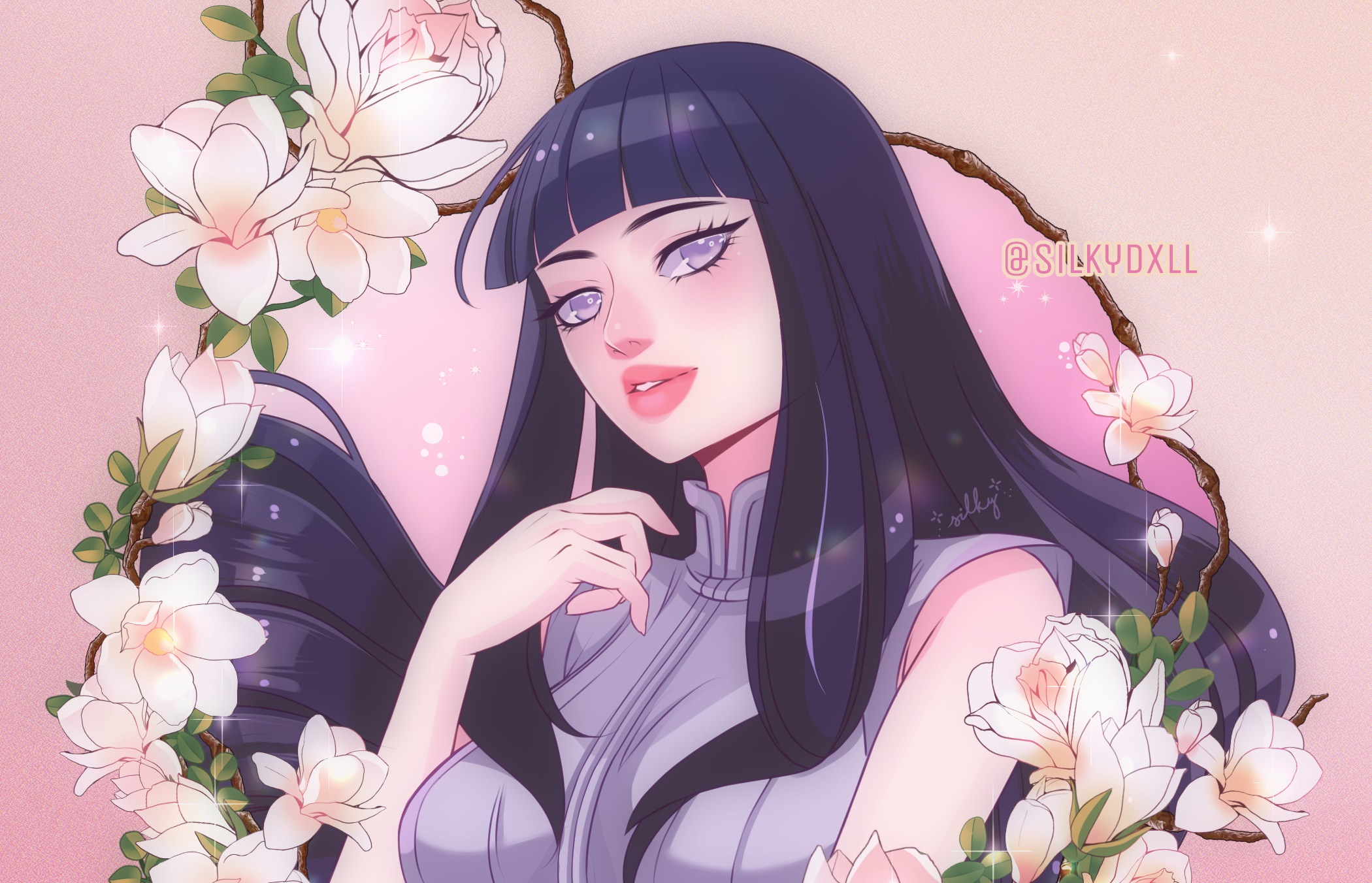 Hinata Hyuga from Naruto surrounded by flowers HD Wallpaper