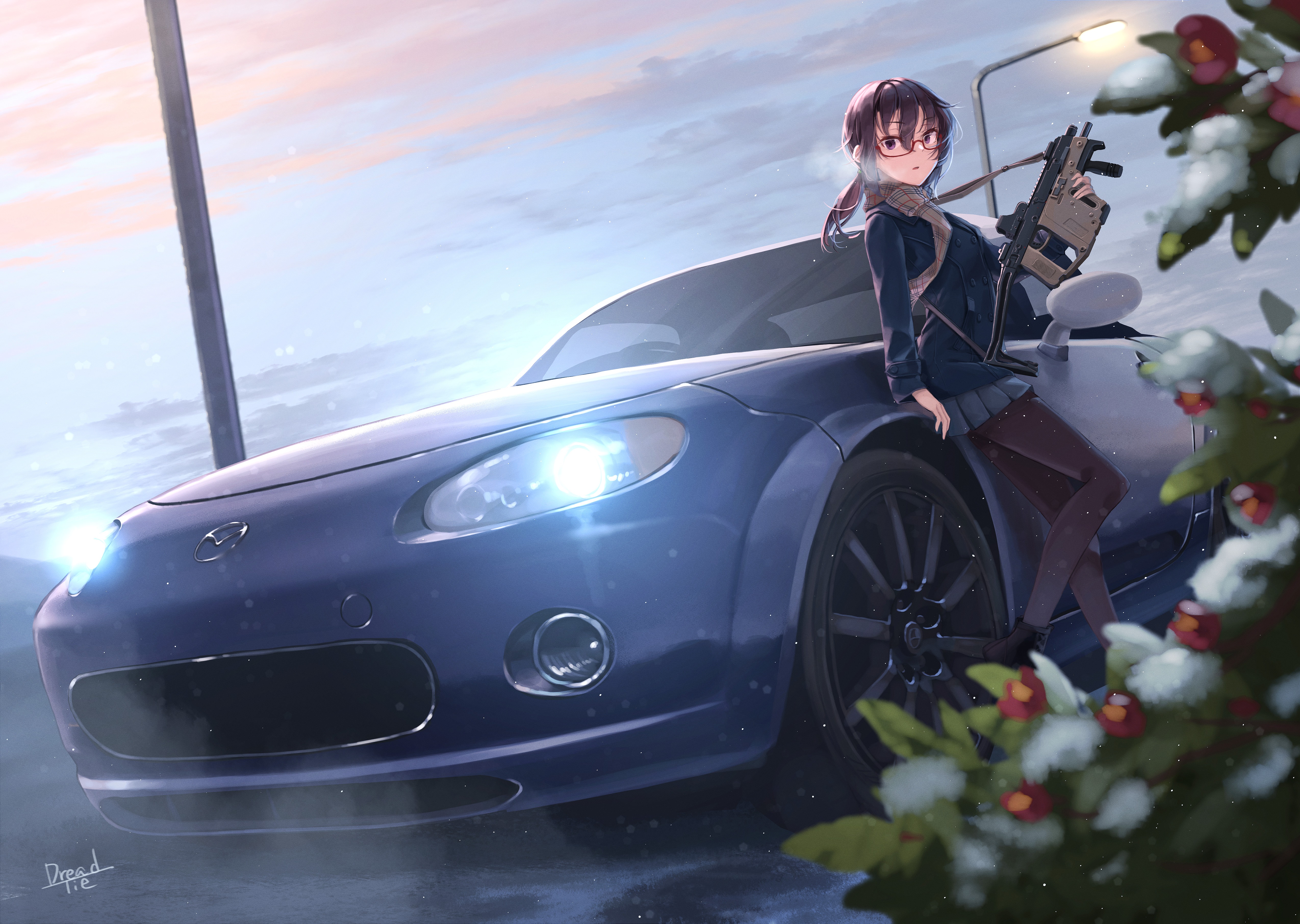Girl with gun and Mazda MX-5 Miata 4K HD Wallpaper