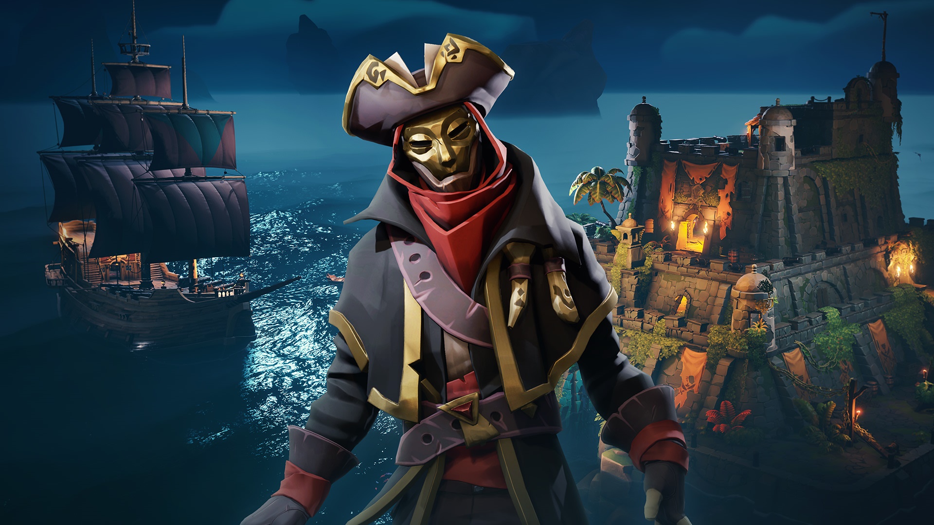 Sea of Thieves character with ship and fort HD Wallpaper