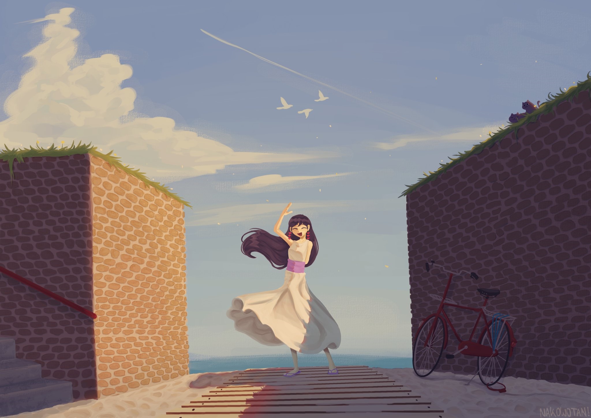 Mari from OMORI dancing on a boardwalk HD Wallpaper