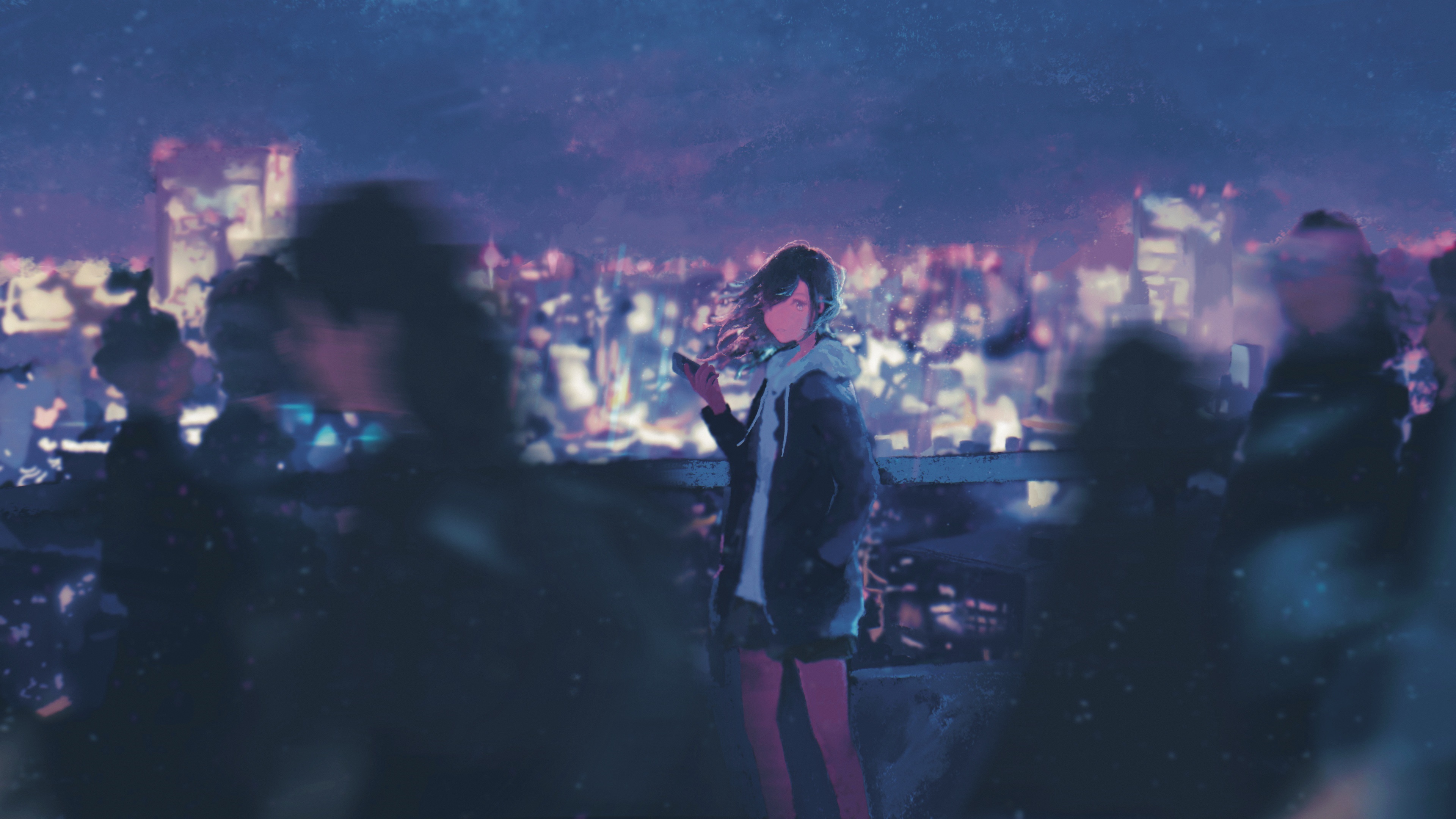 Girl with phone in city at night 4K HD Wallpaper