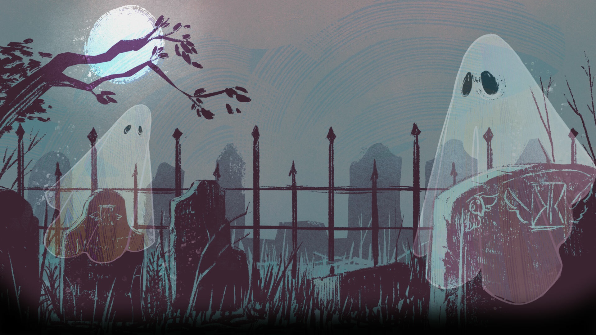 Ghosts in a graveyard at night HD Wallpaper