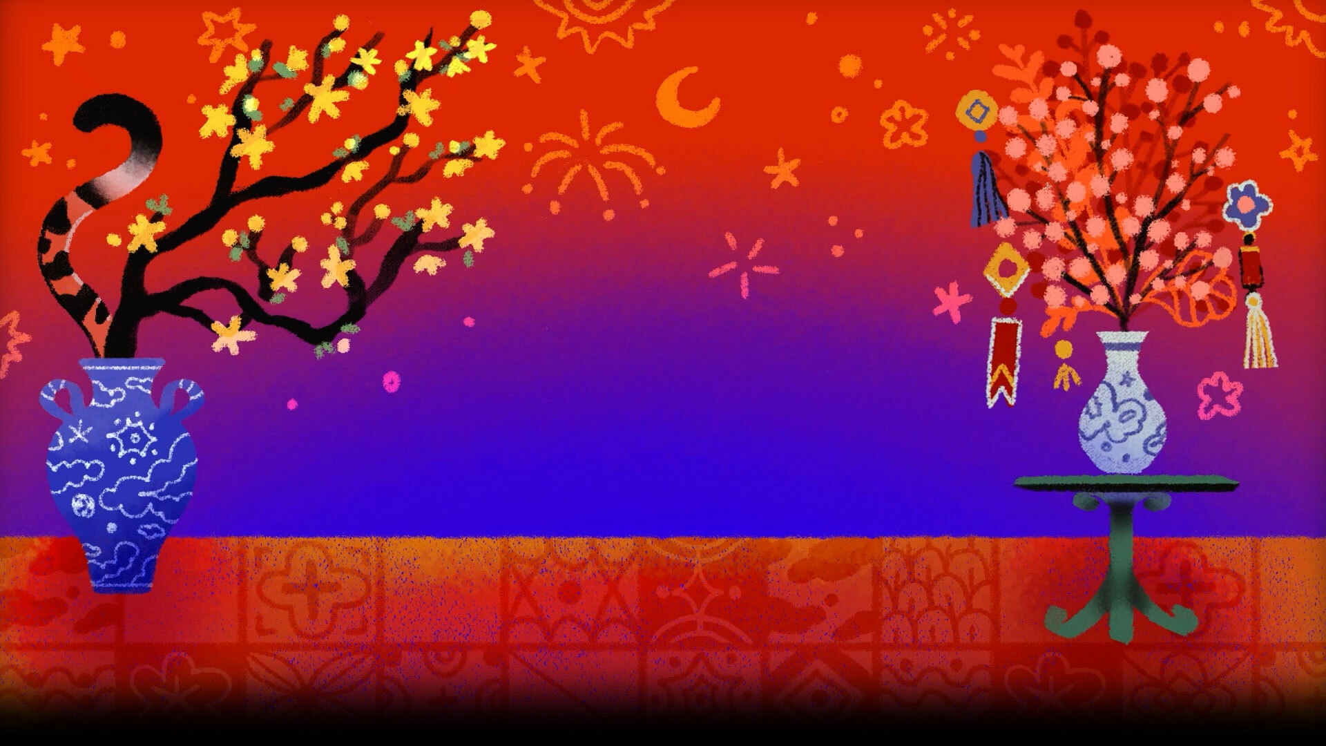 Lunar New Year celebration with floral arrangements HD Wallpaper