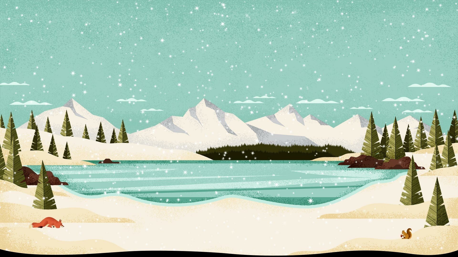 Winter landscape with mountains, lake, and pine trees HD Wallpaper