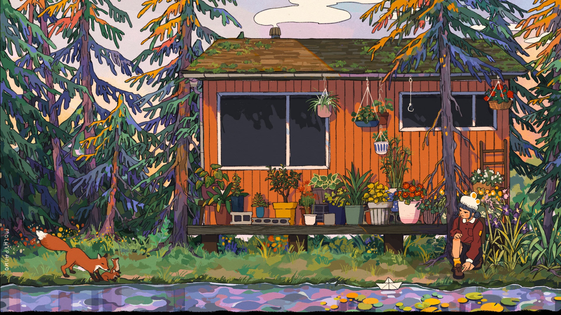 Foxes and girl by a cabin in the woods HD Wallpaper