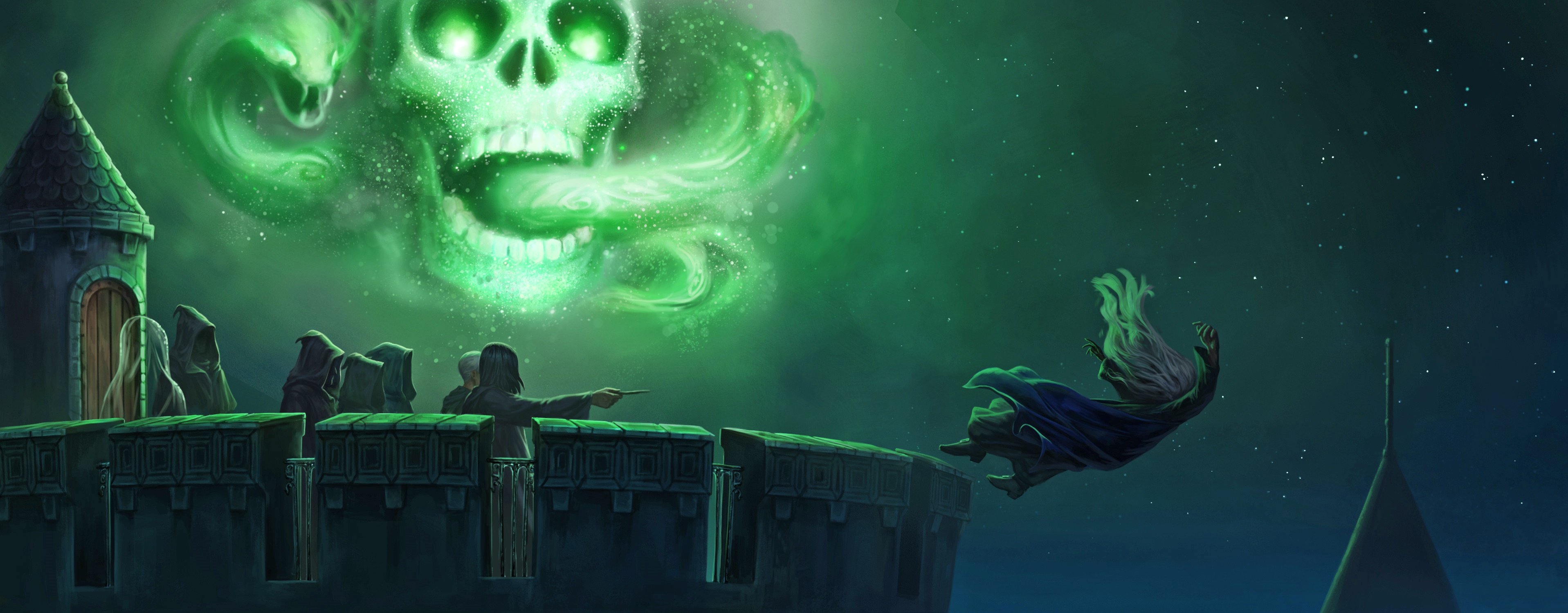 Albus Dumbledore falling from a tower with a skull apparition HD Wallpaper
