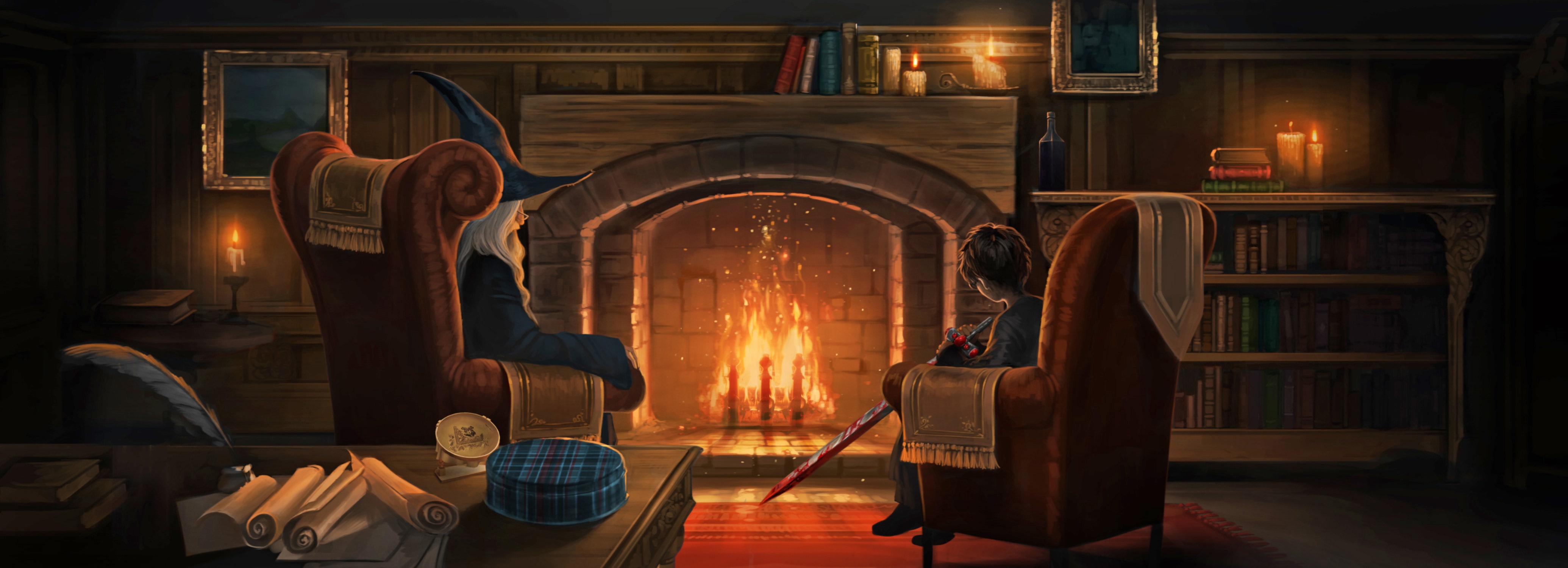 Albus Dumbledore and Harry Potter by a fireplace HD Wallpaper