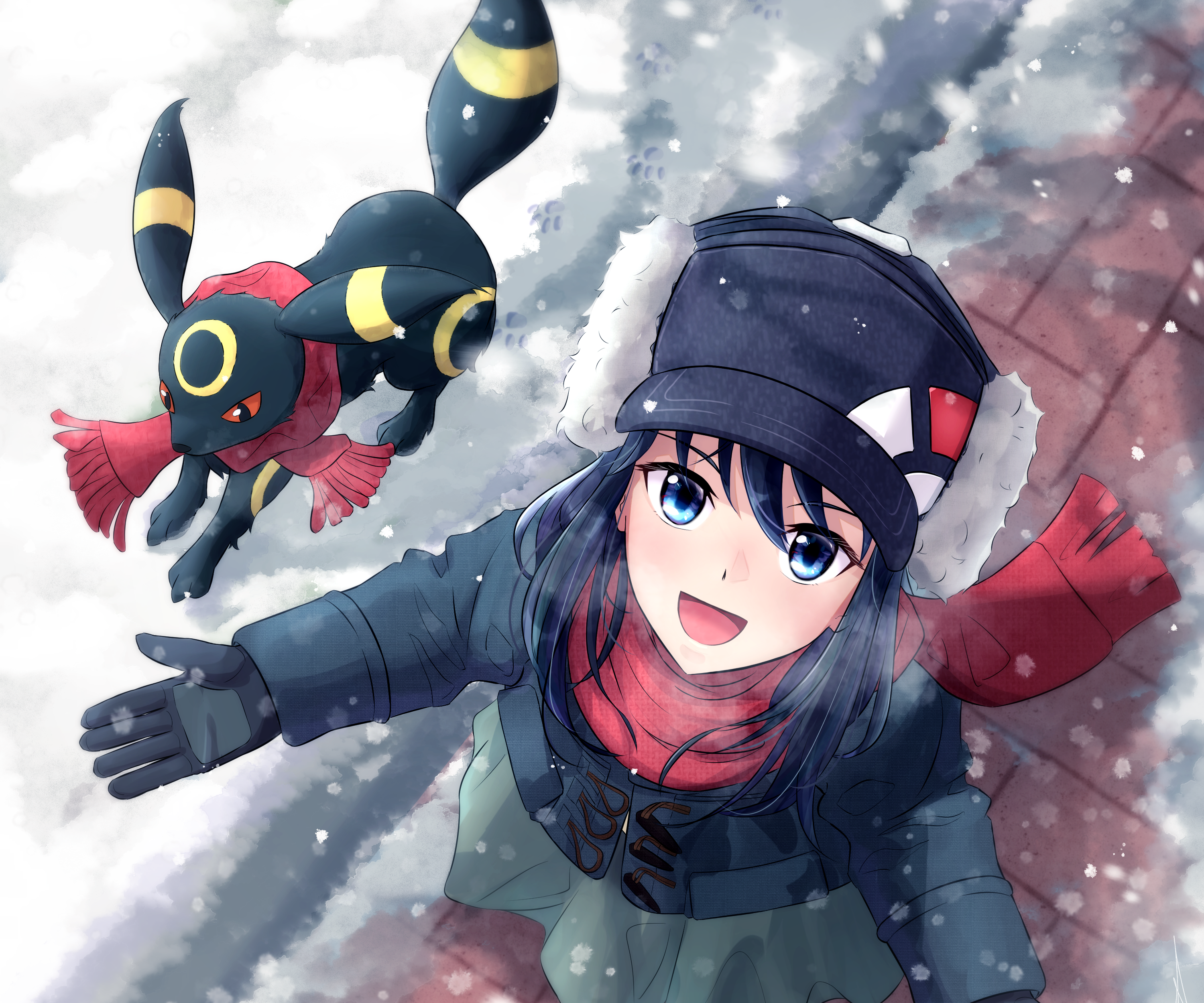 Mana Ryougi and Umbreon in the snow HD Wallpaper
