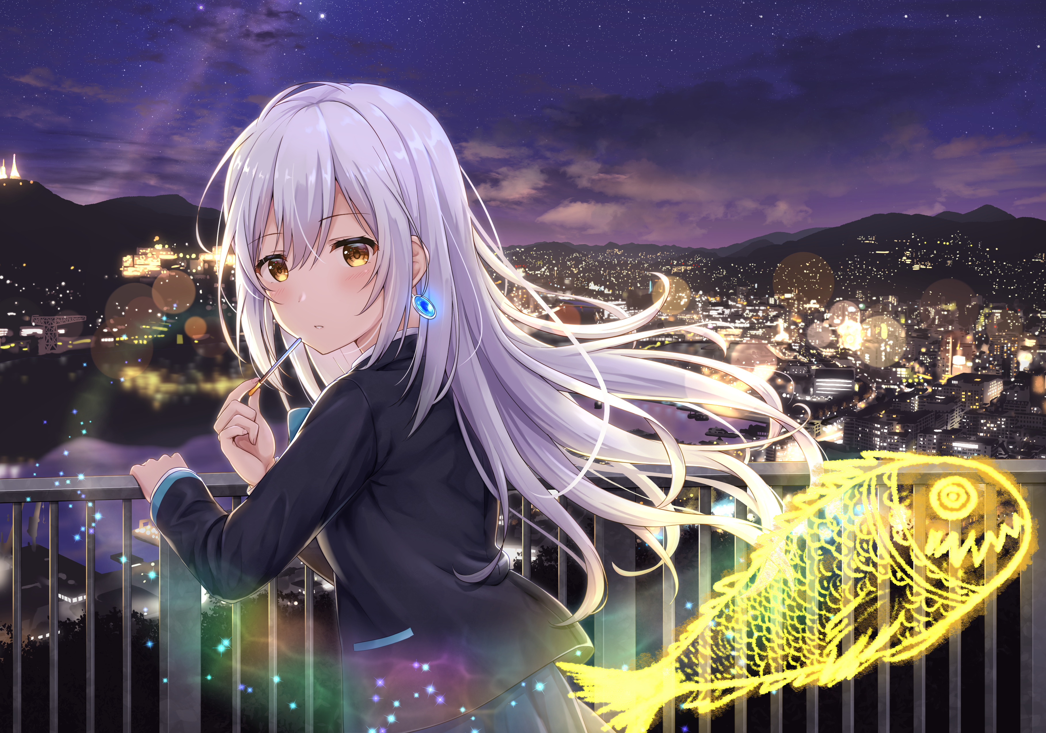 Hitomi Tsukishiro Overlooking City Nightscape HD Wallpaper
