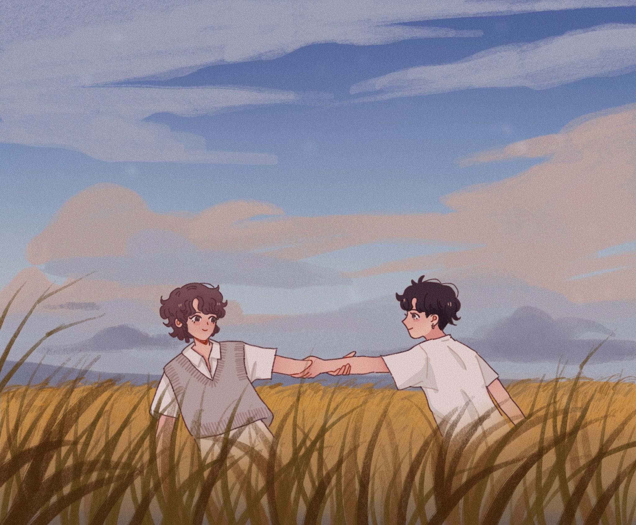 Two men holding hands in a wheat field HD Wallpaper