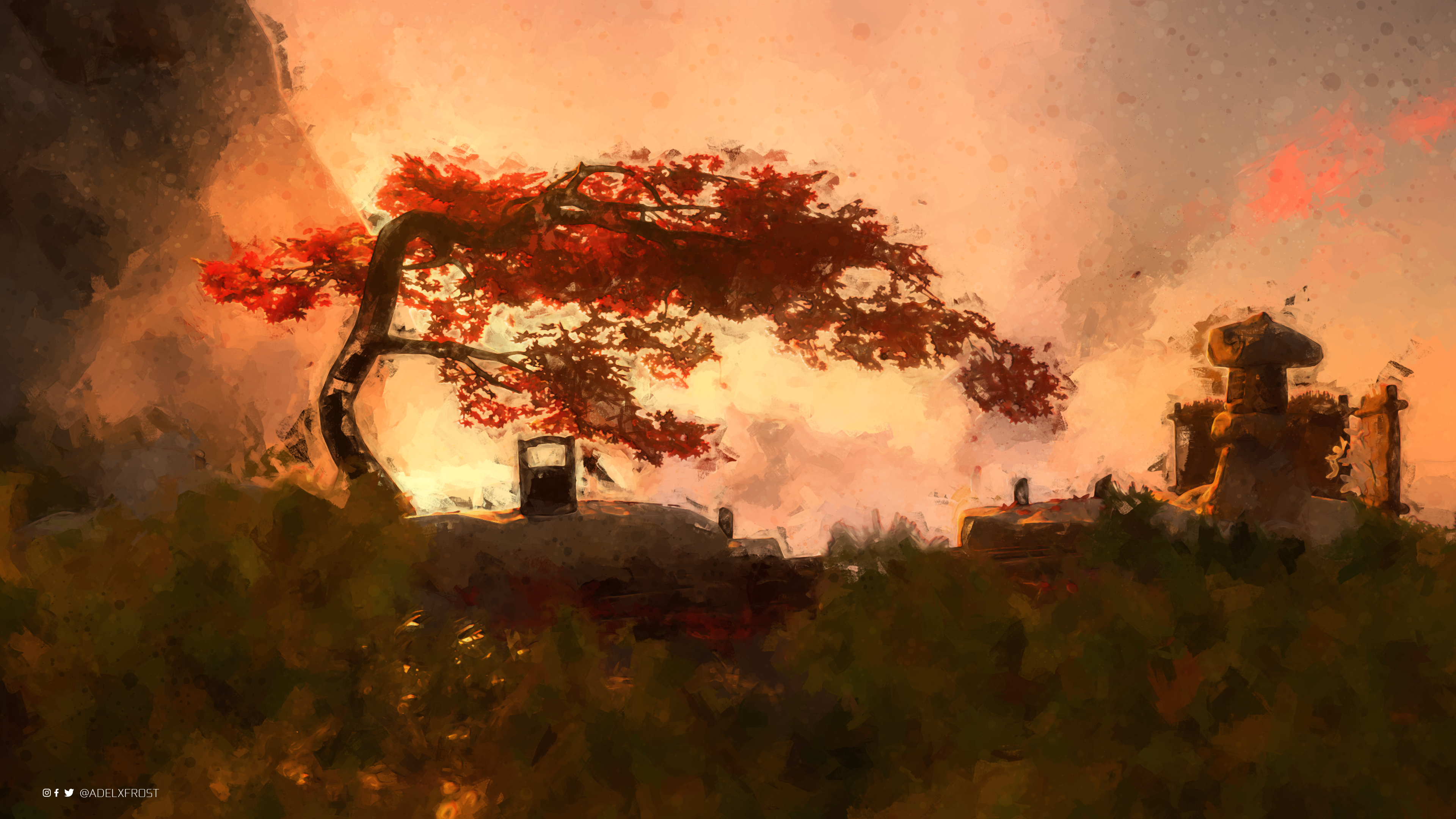 Watercolor painting of a tree with red leaves and a castle HD Wallpaper