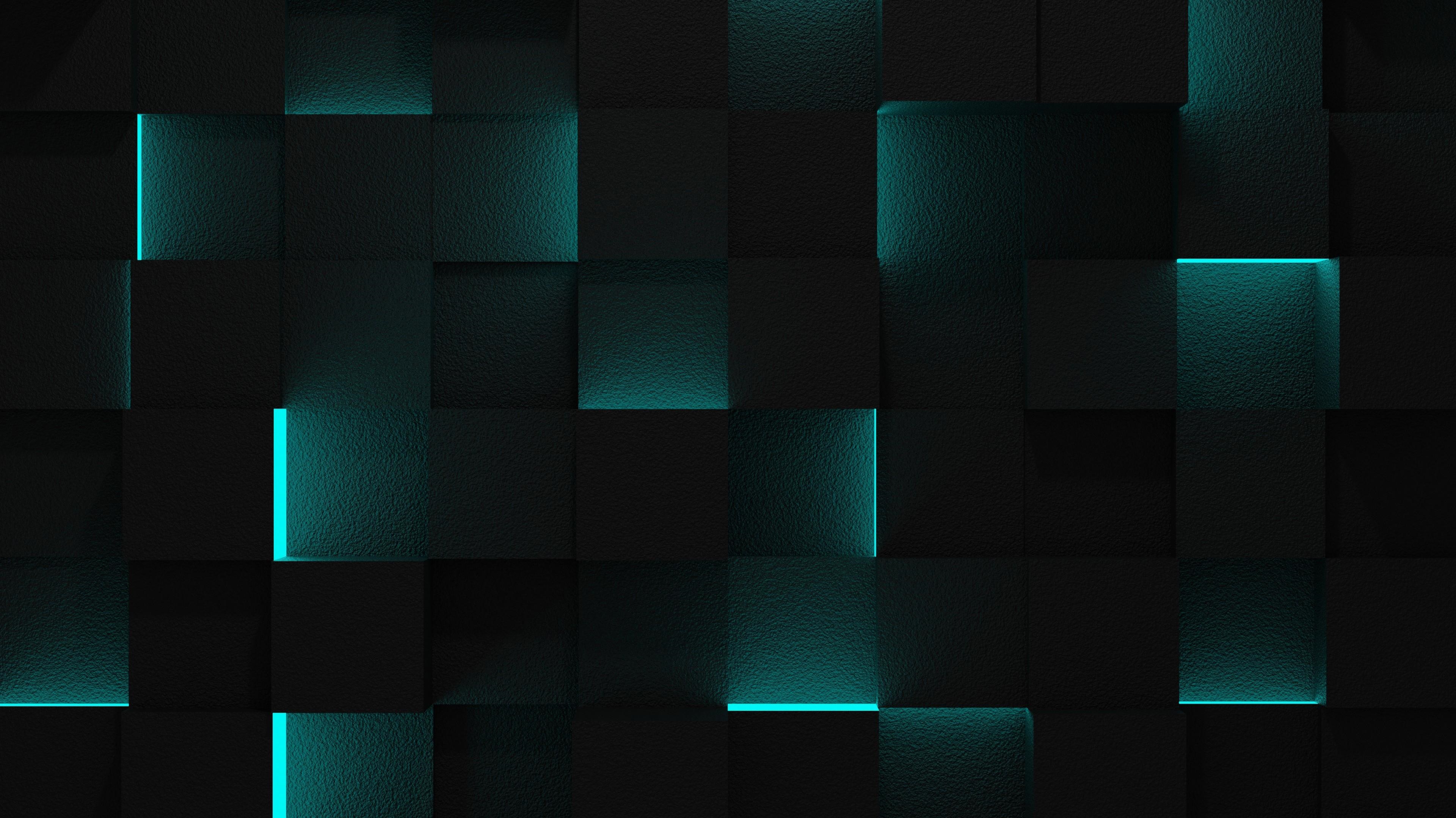 Dark Cubes with Cyan Neon Lights HD Wallpaper