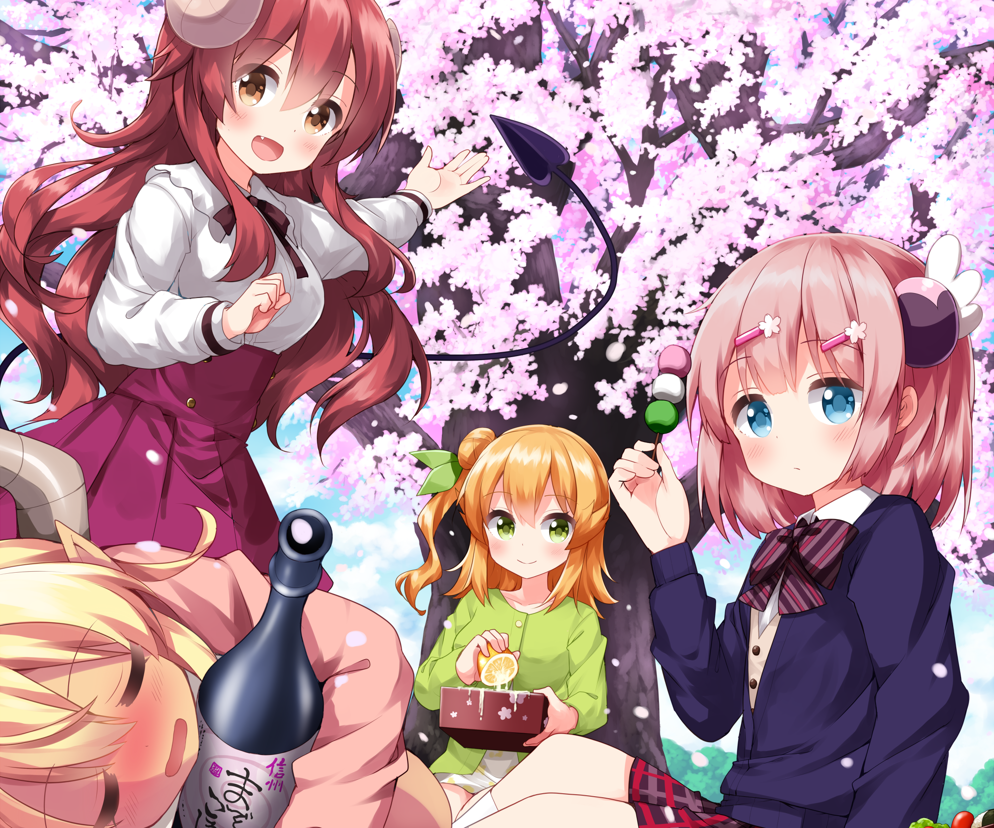 The Demon Girl Next Door characters under cherry blossoms HD Wallpaper