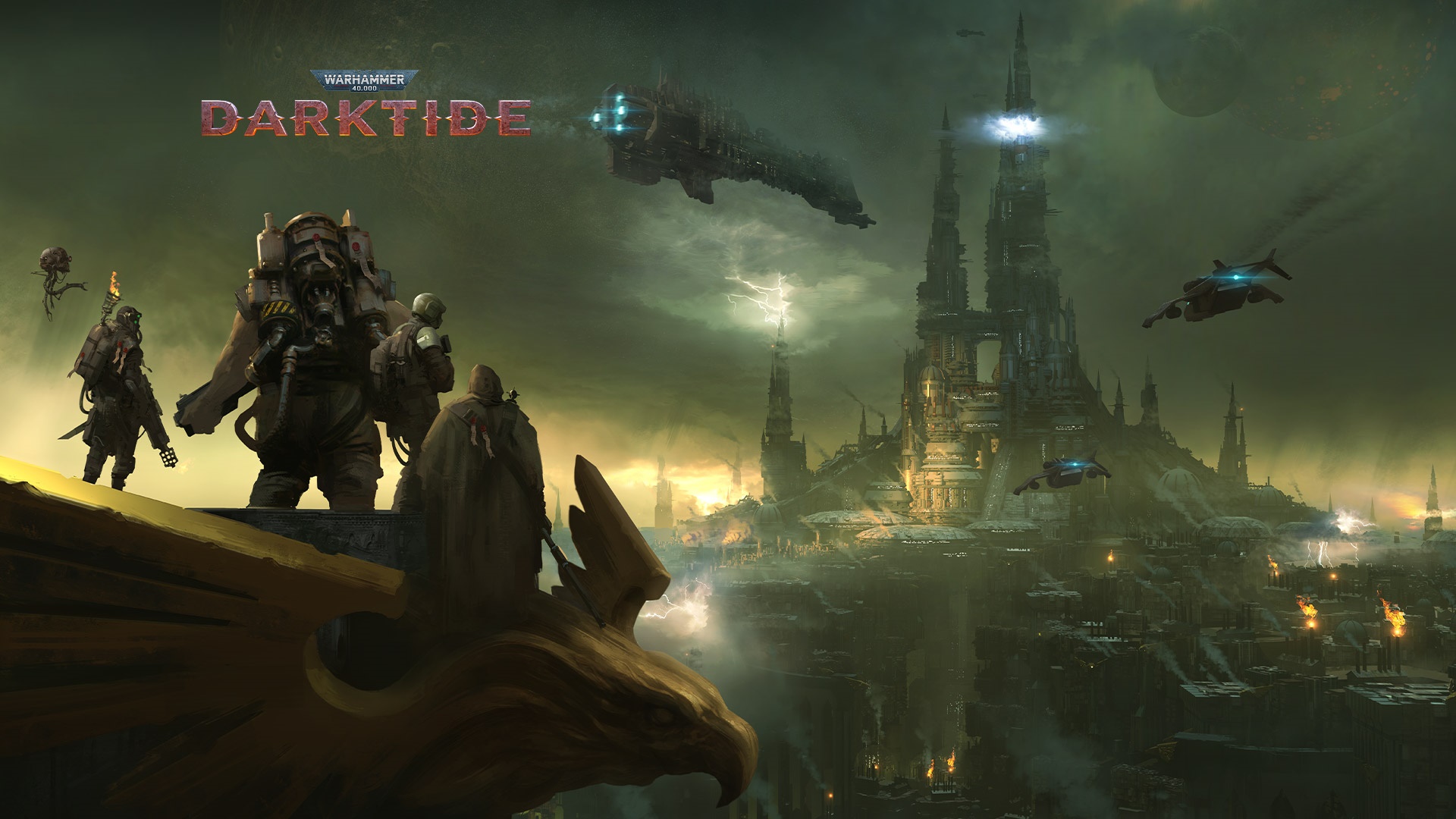 Warhammer 40,000: Darktide cityscape with characters HD Wallpaper