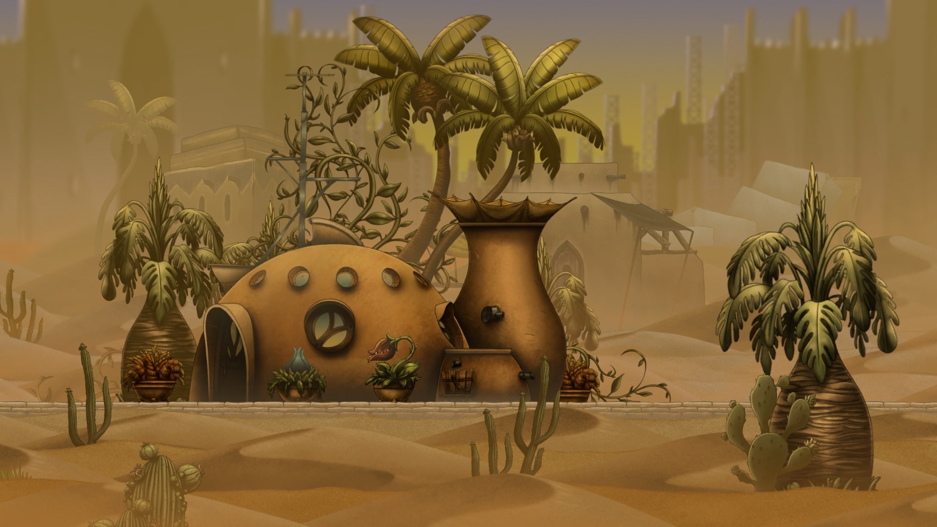 Desert landscape with alien-like structures and plants HD Wallpaper