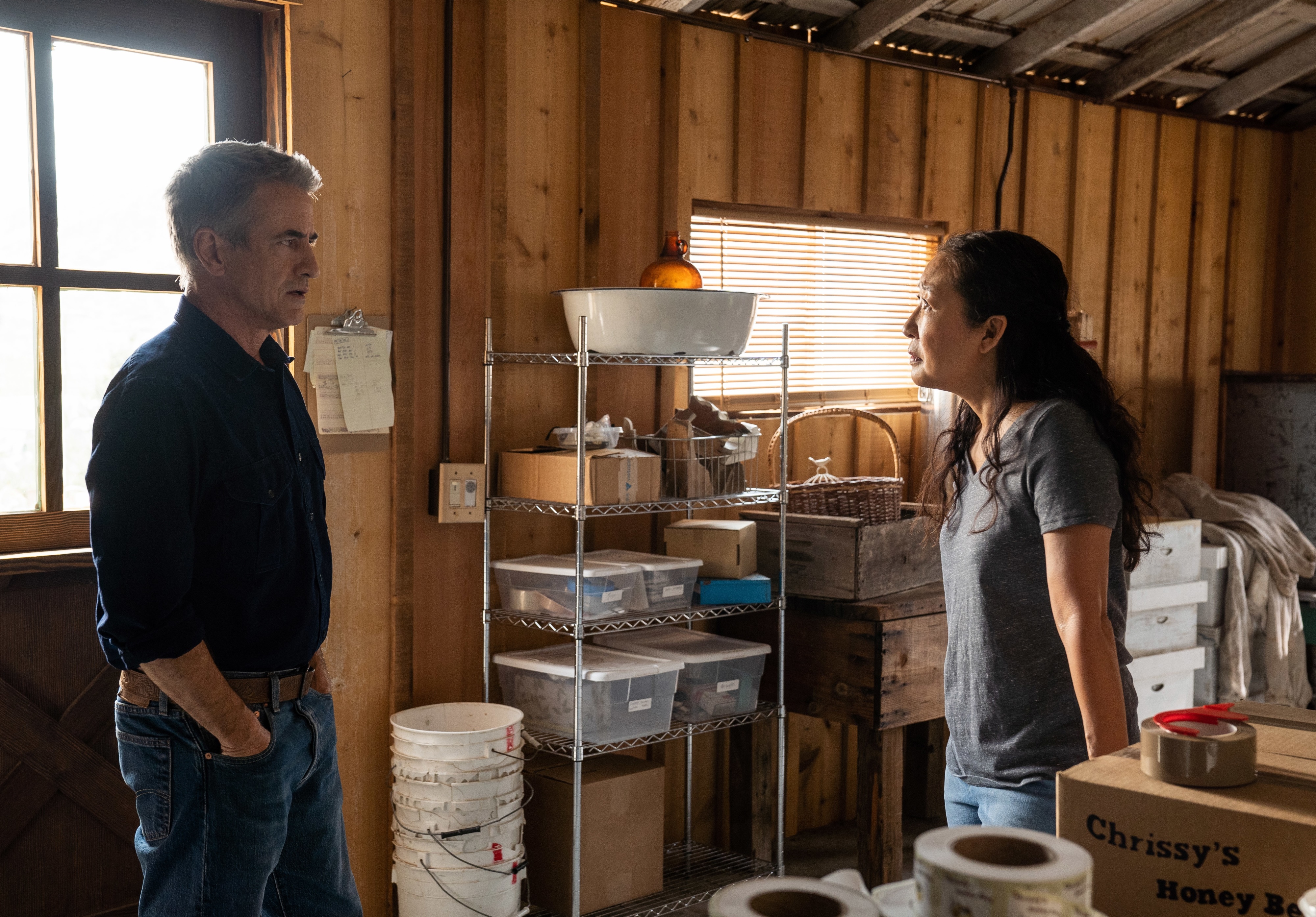 Sandra Oh and Dermot Mulroney in a storage room HD Wallpaper