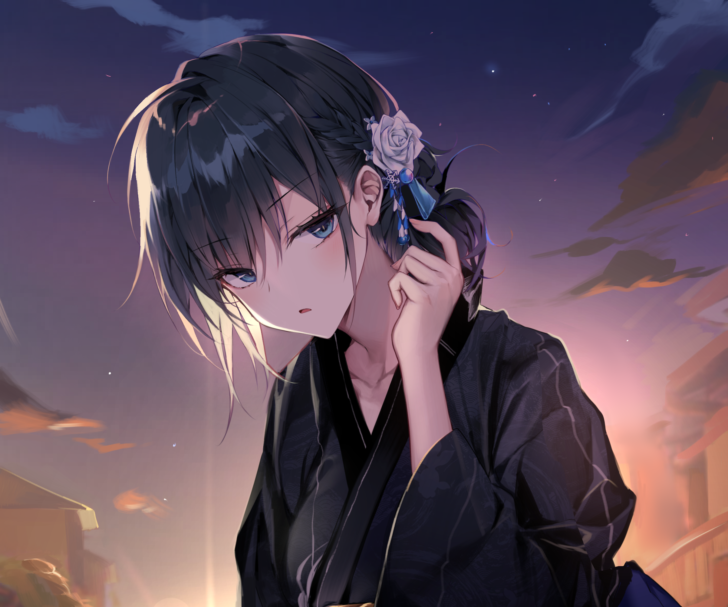 Girl with flower in hair wearing kimono HD Wallpaper