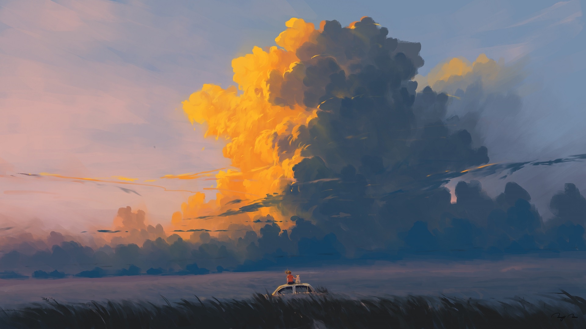 Girl and dog on car roof watching clouds HD Wallpaper