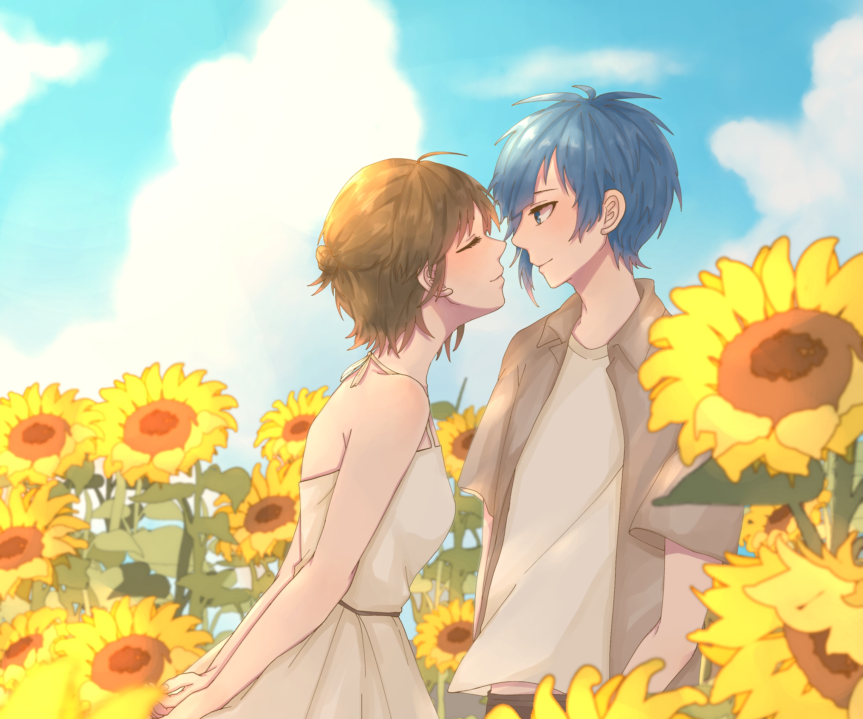 Yujiro Someya and Hiyori Suzumi in a sunflower field HD Wallpaper