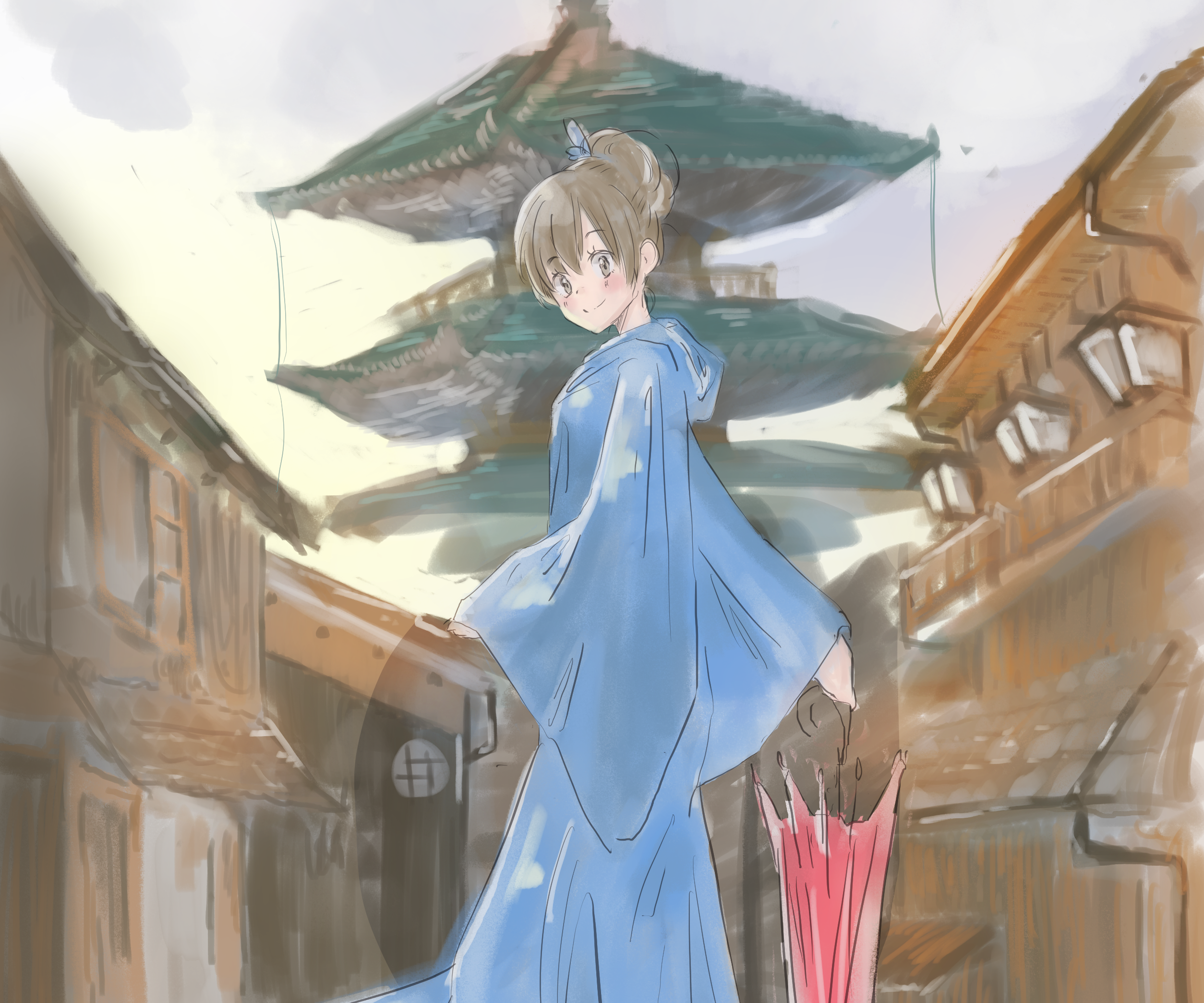 Itsuka Yukihira in a blue kimono with a red umbrella HD Wallpaper