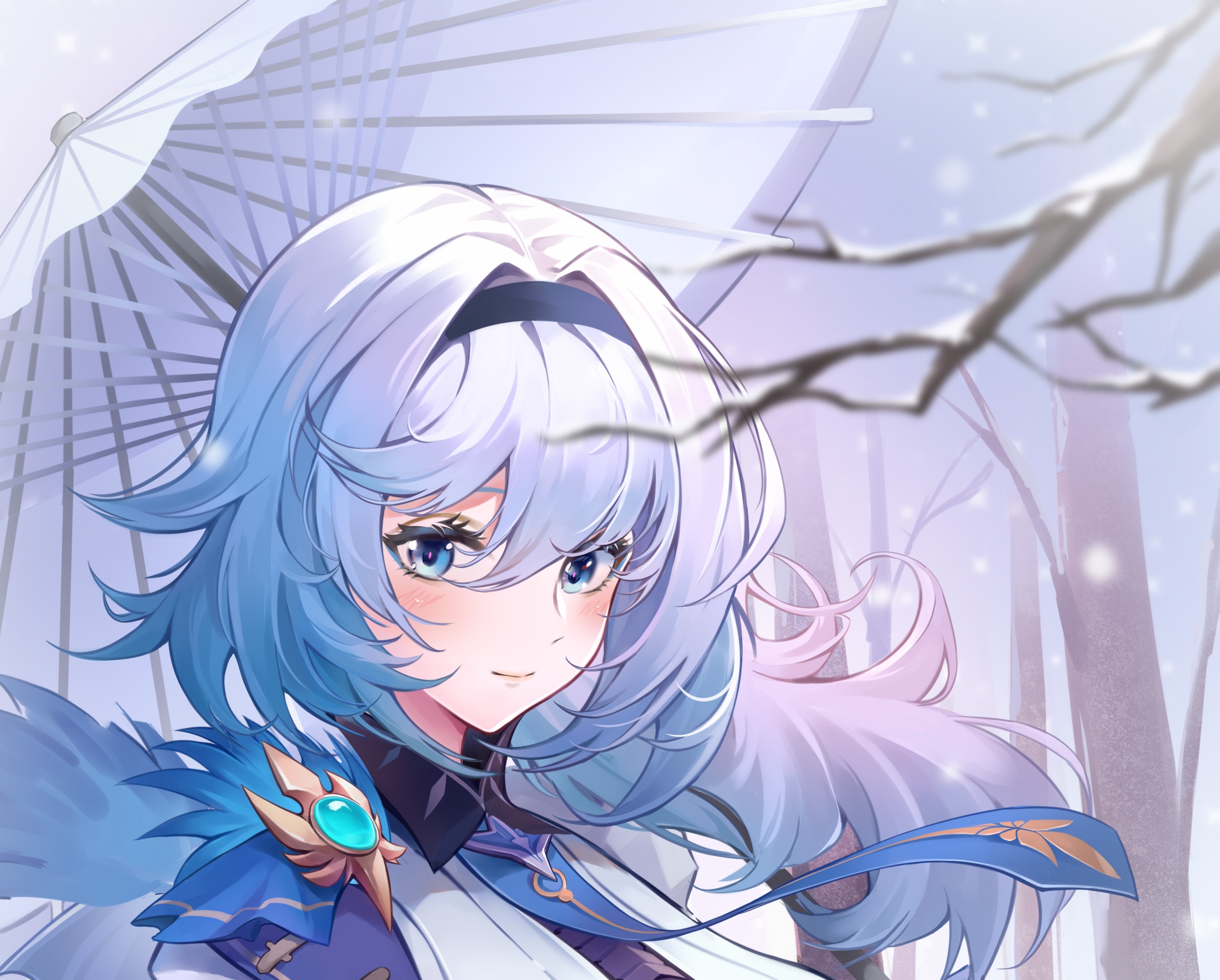 Eula from Genshin Impact with umbrella in snow HD Wallpaper