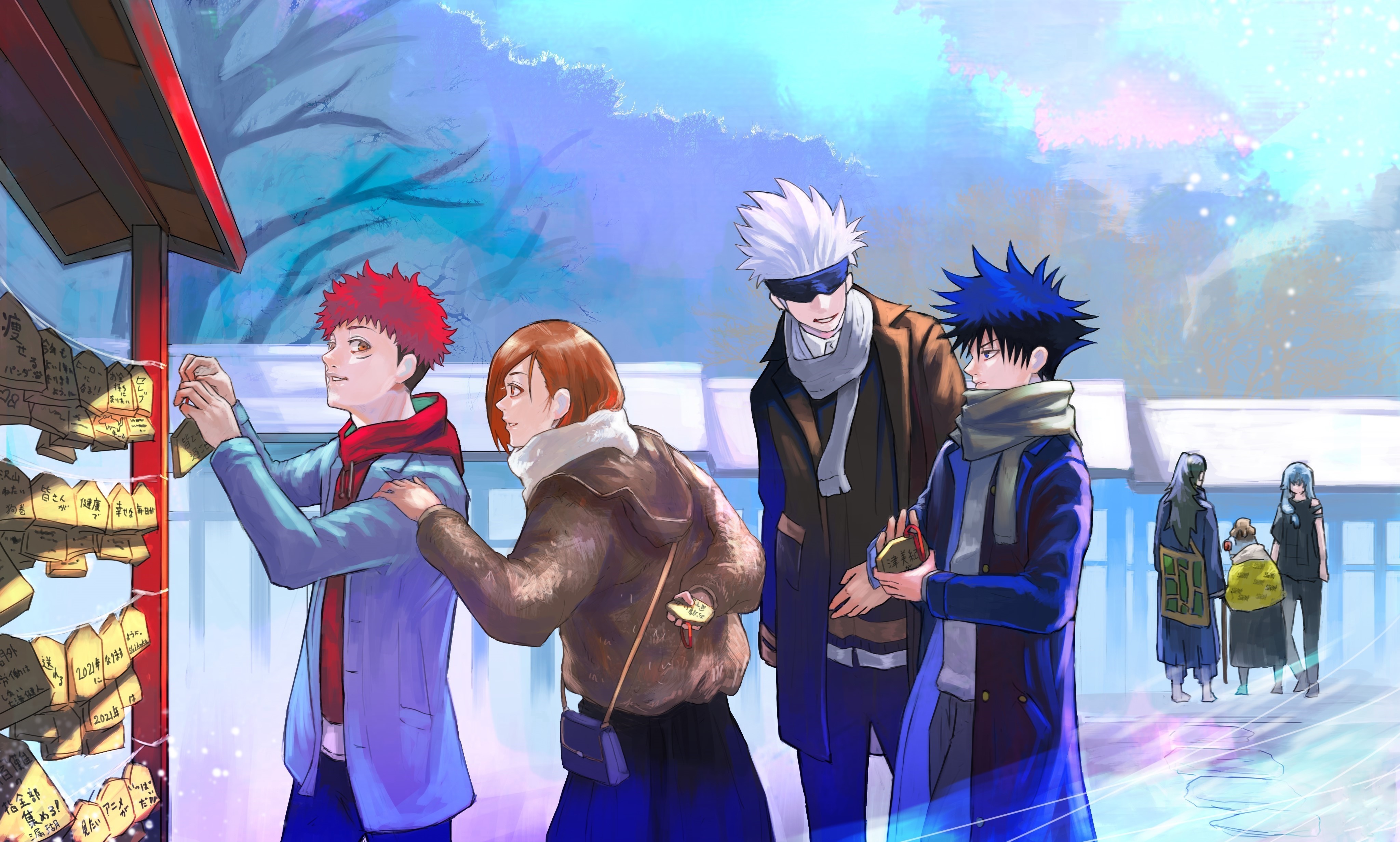 Jujutsu Kaisen characters at a shrine HD Wallpaper