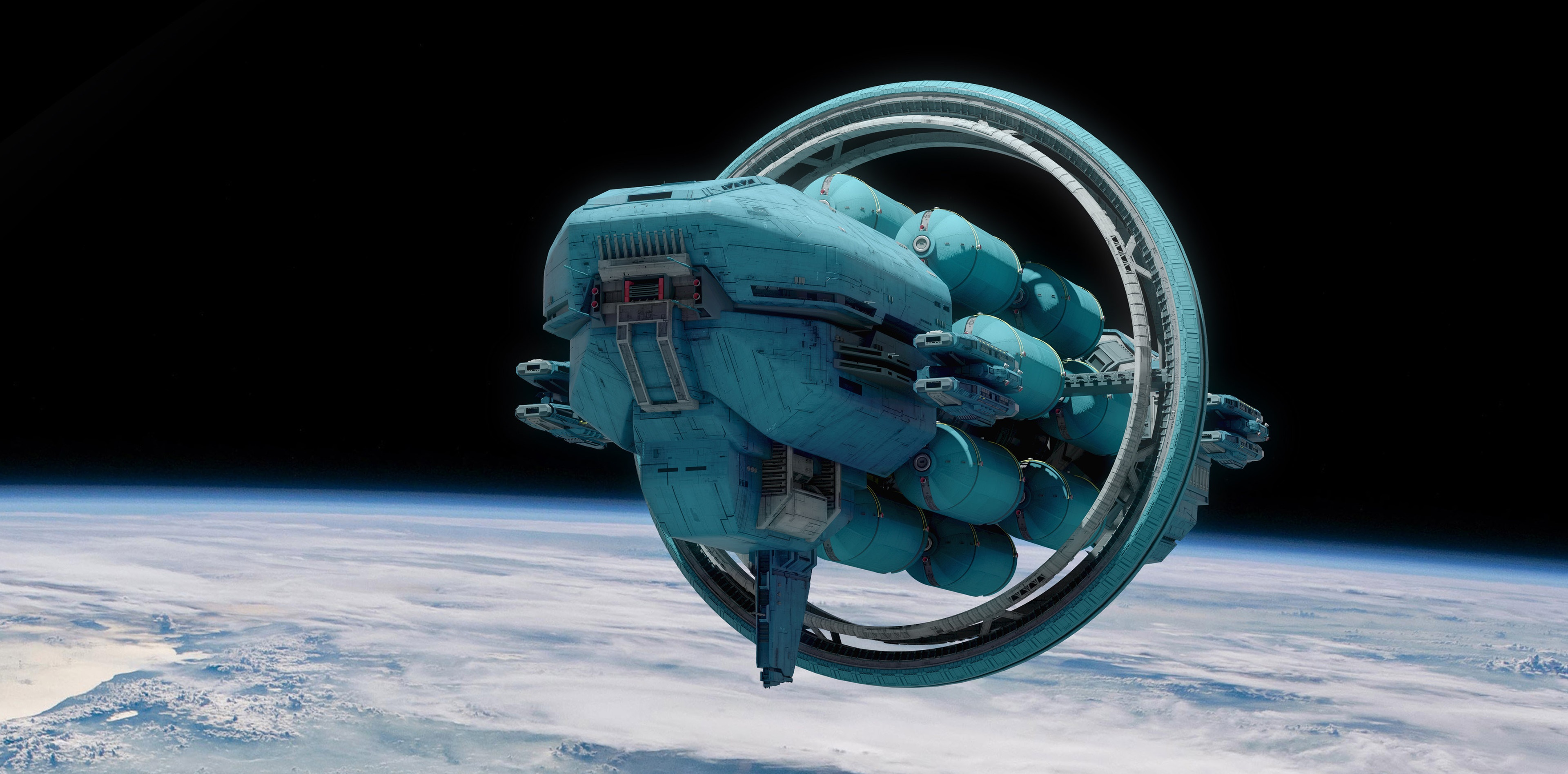 Sci-Fi Spaceship Orbiting Earth HD Wallpaper