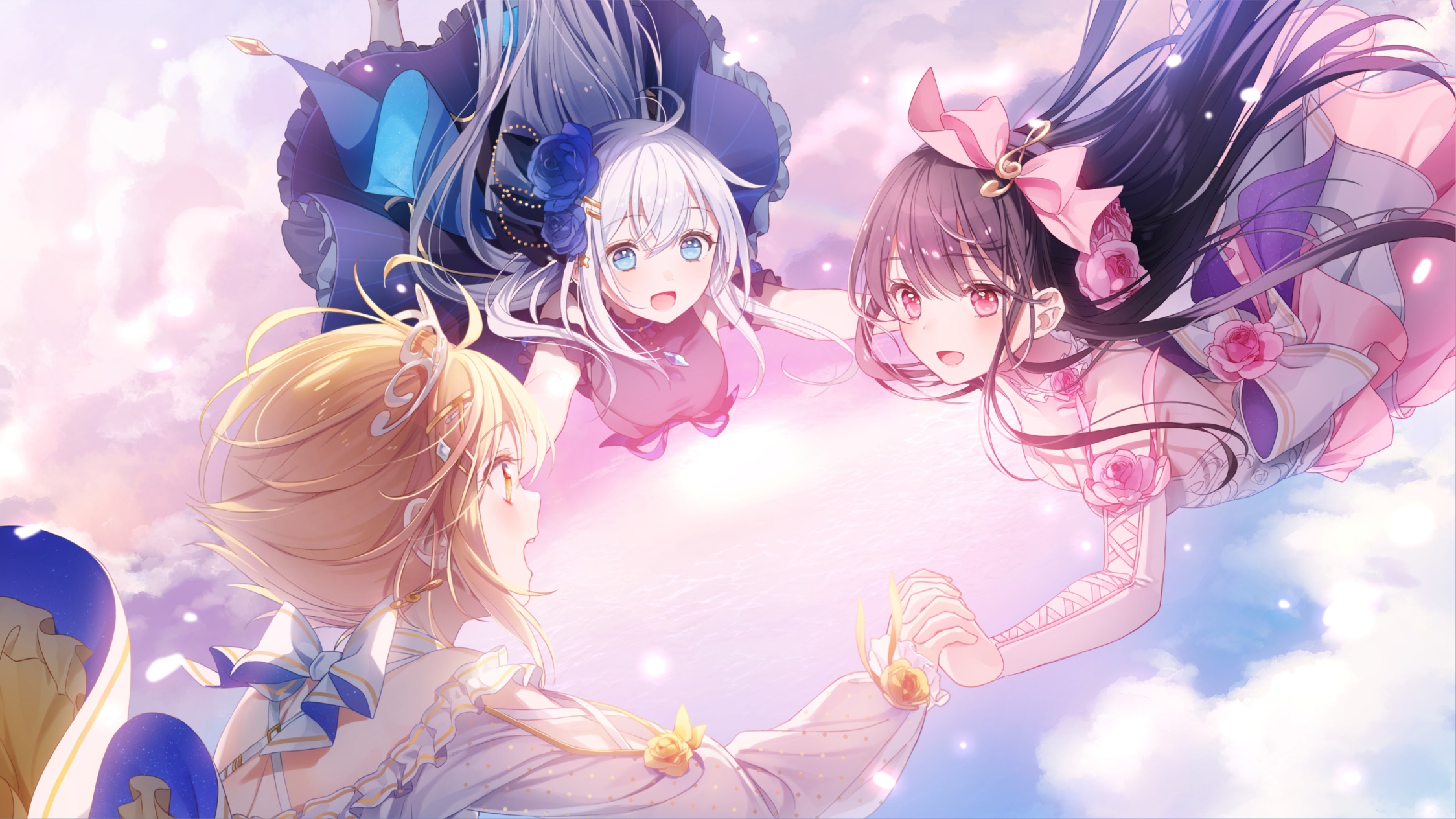Three anime girls falling through the sky HD Wallpaper