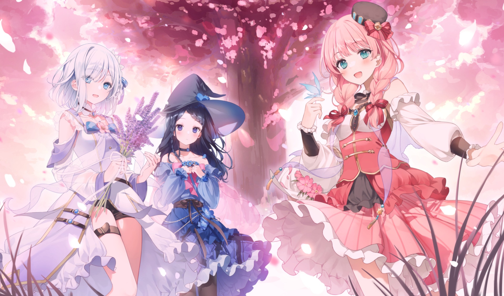Three anime girls in a magical forest HD Wallpaper