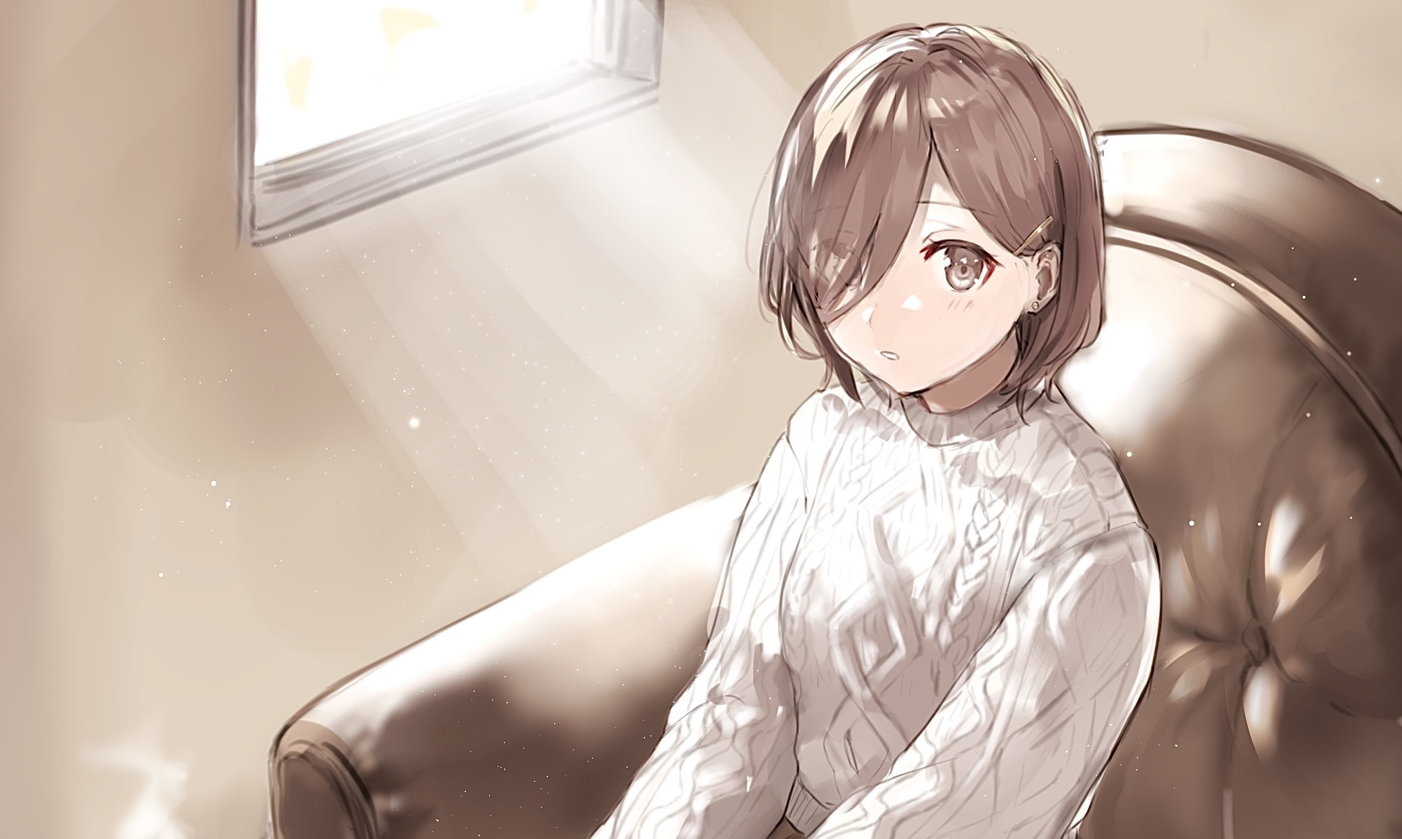 Girl in a white sweater sitting on a couch HD Wallpaper