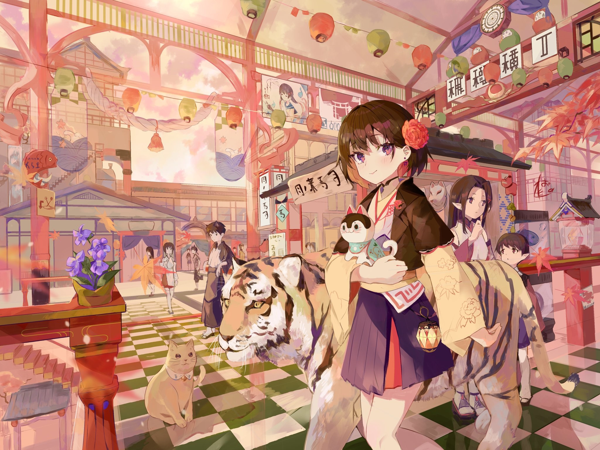 Girl with Tiger and Cat in Japanese Street HD Wallpaper